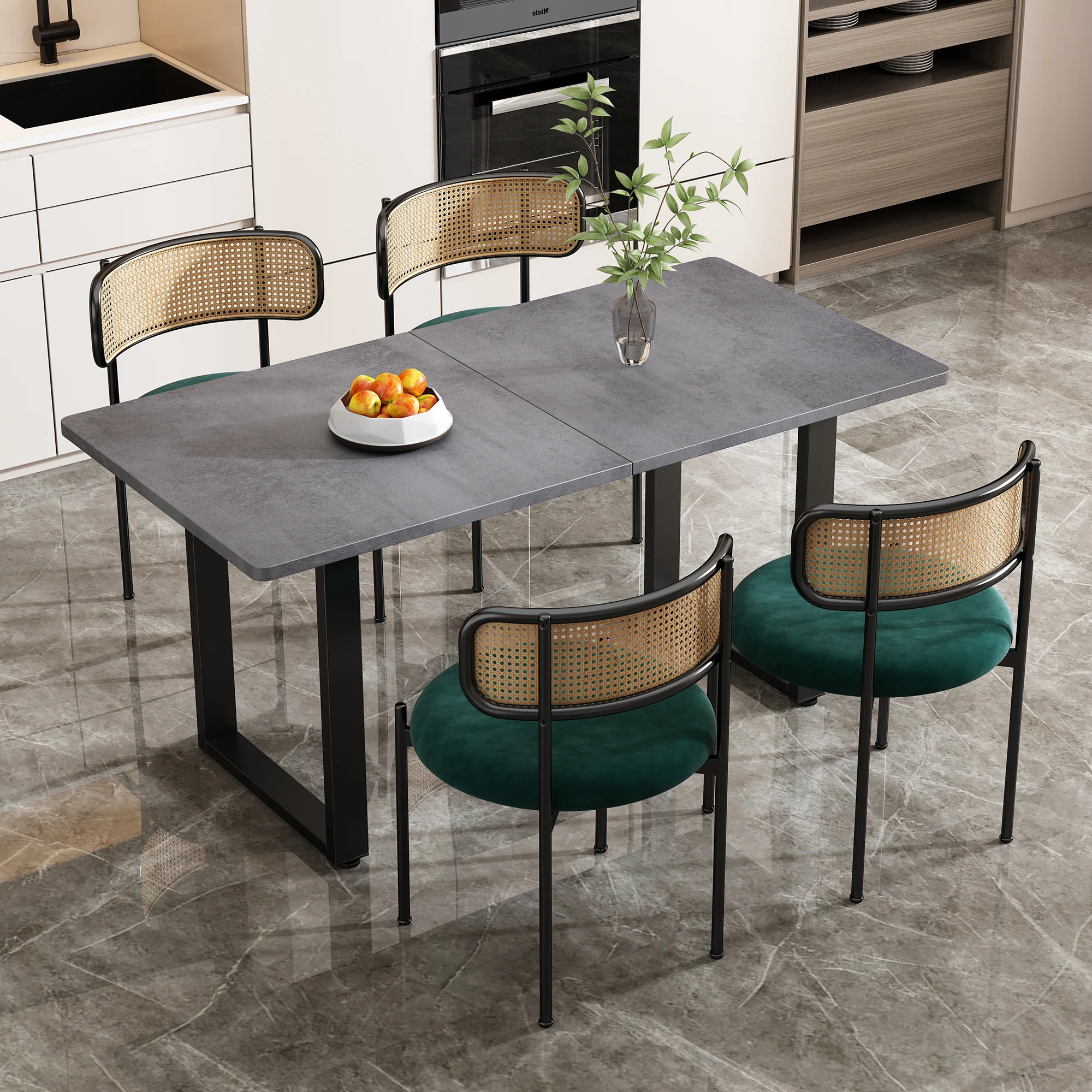 Velvet Dining Chair Set of 2 Modern Rattan Metal Legs - Green - Image 3