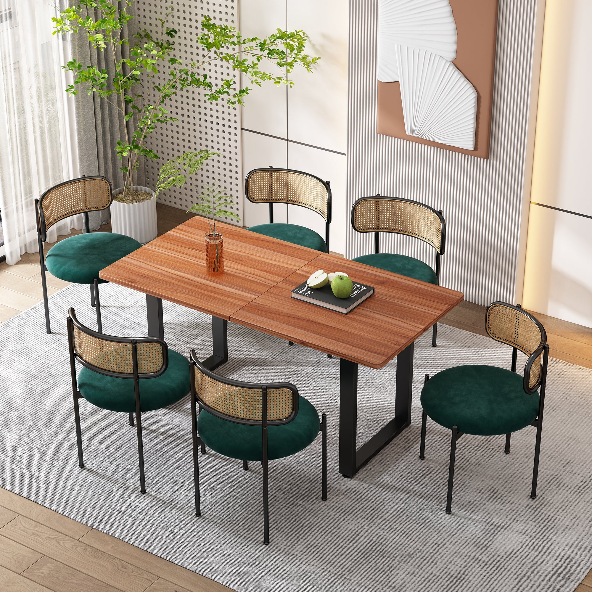 Velvet Dining Chair Set of 2 Modern Rattan Metal Legs - Green - Image 5