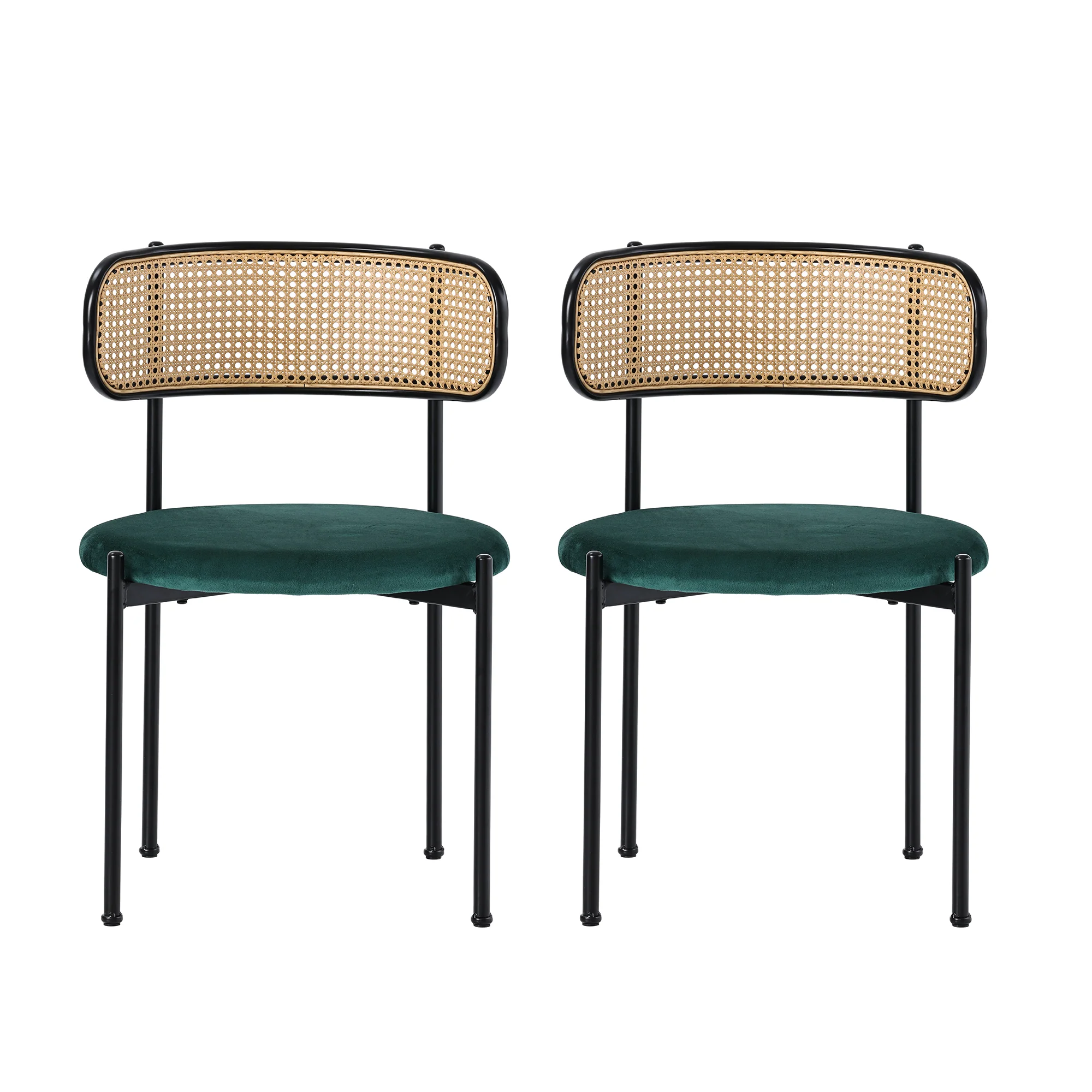 Velvet Dining Chair Set of 2 Modern Rattan Metal Legs - Green - Image 7