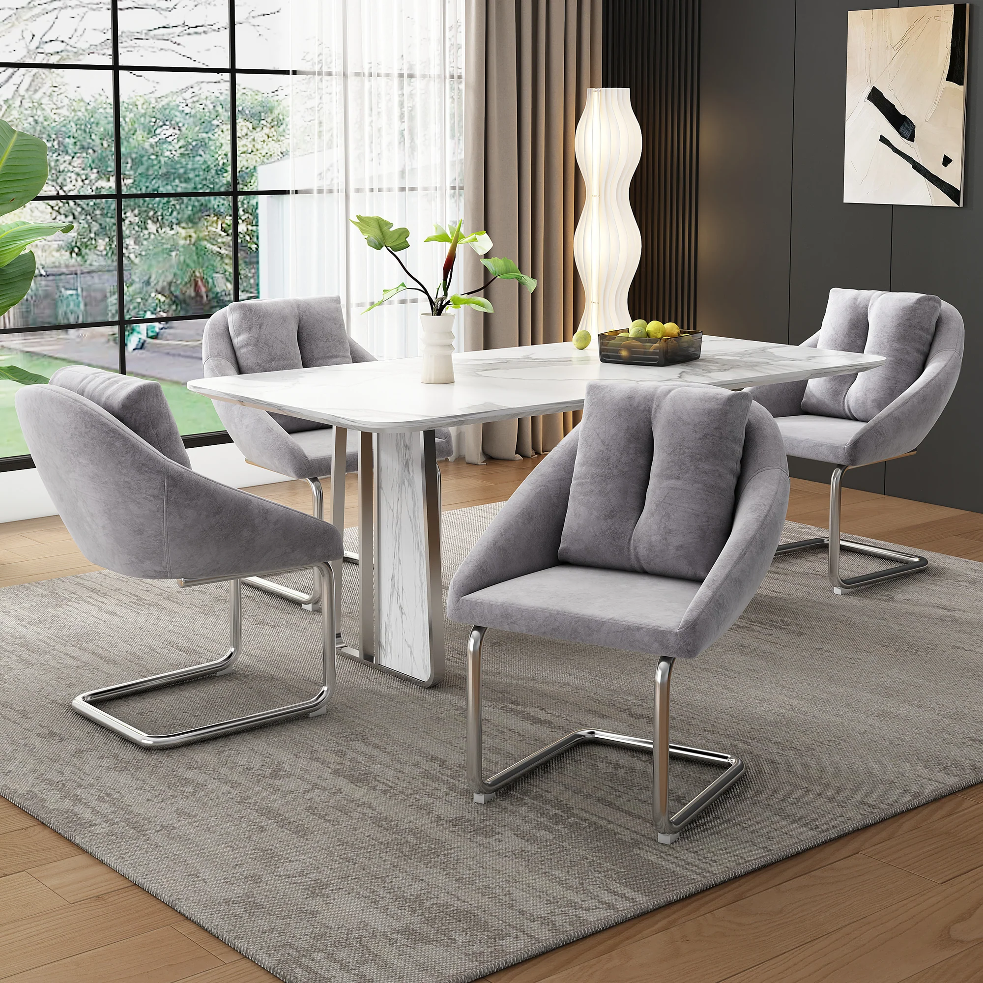 Velvet Dining Chair Set of 2 Swivel Cushions Curved Legs - Grey - Image 2