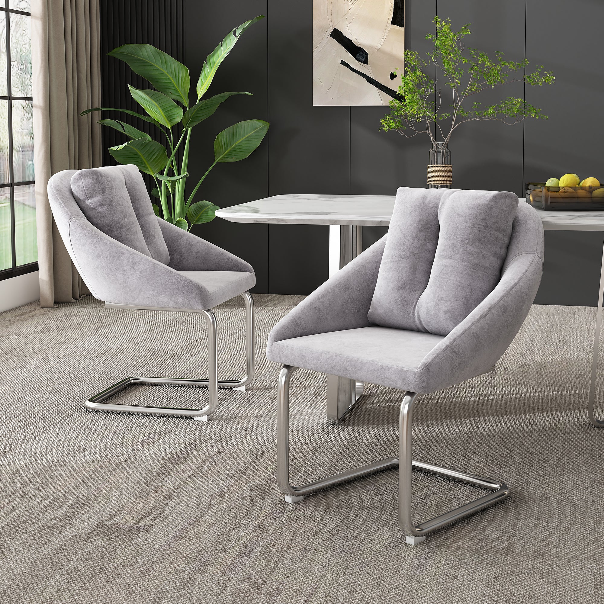 Velvet Dining Chair Set of 2 Swivel Cushions Curved Legs - Grey - Image 3