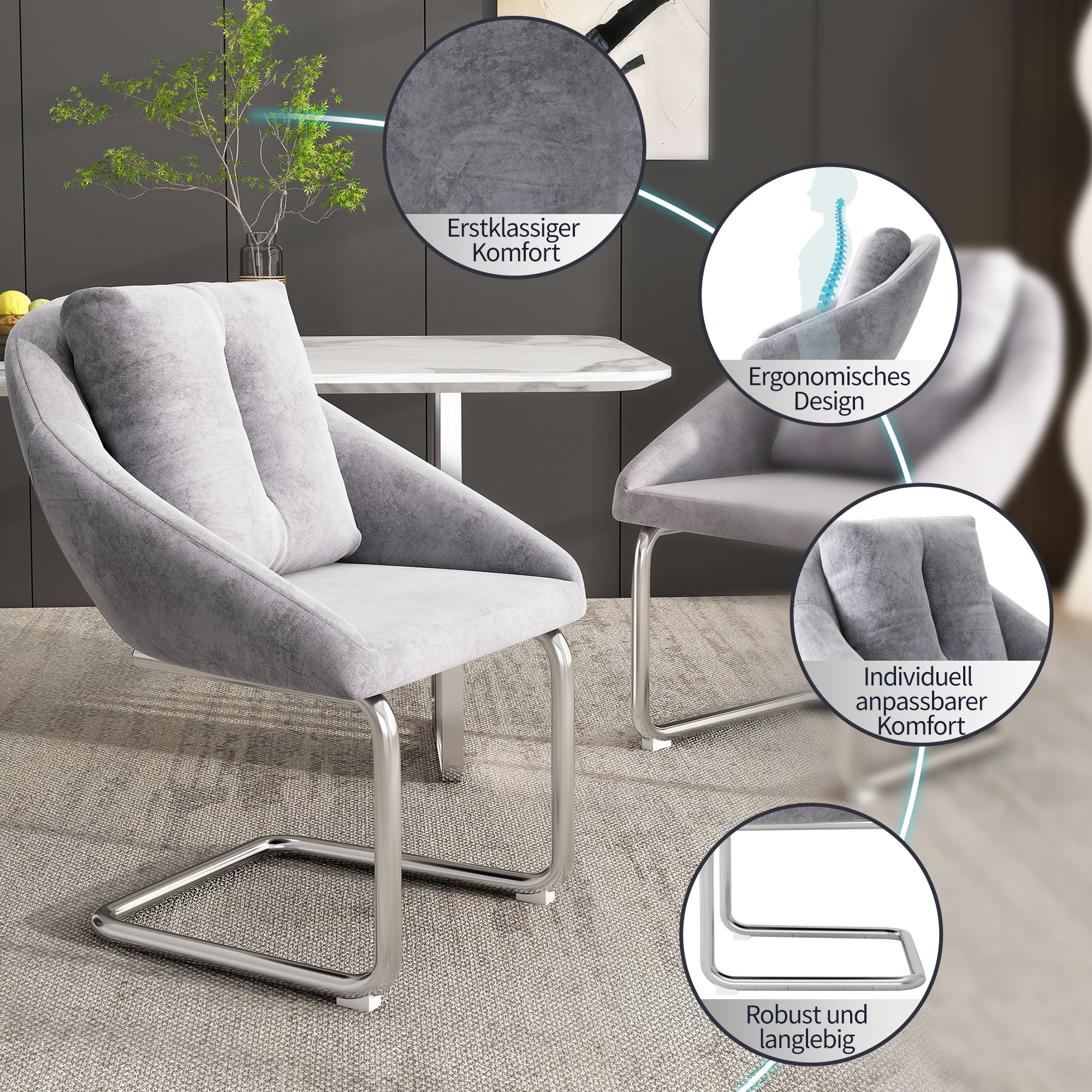 Velvet Dining Chair Set of 2 Swivel Cushions Curved Legs - Grey - Image 5