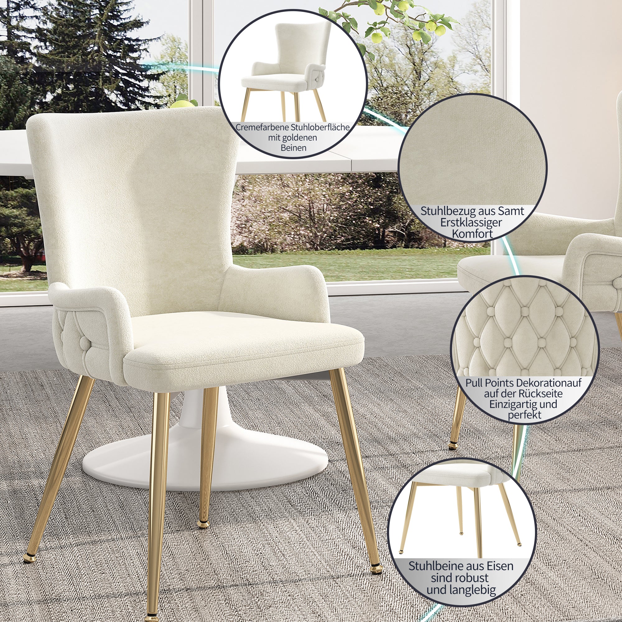 Velvet Dining Chair Set of 4 Lounge Gold Metal Legs - Beige - Image 4