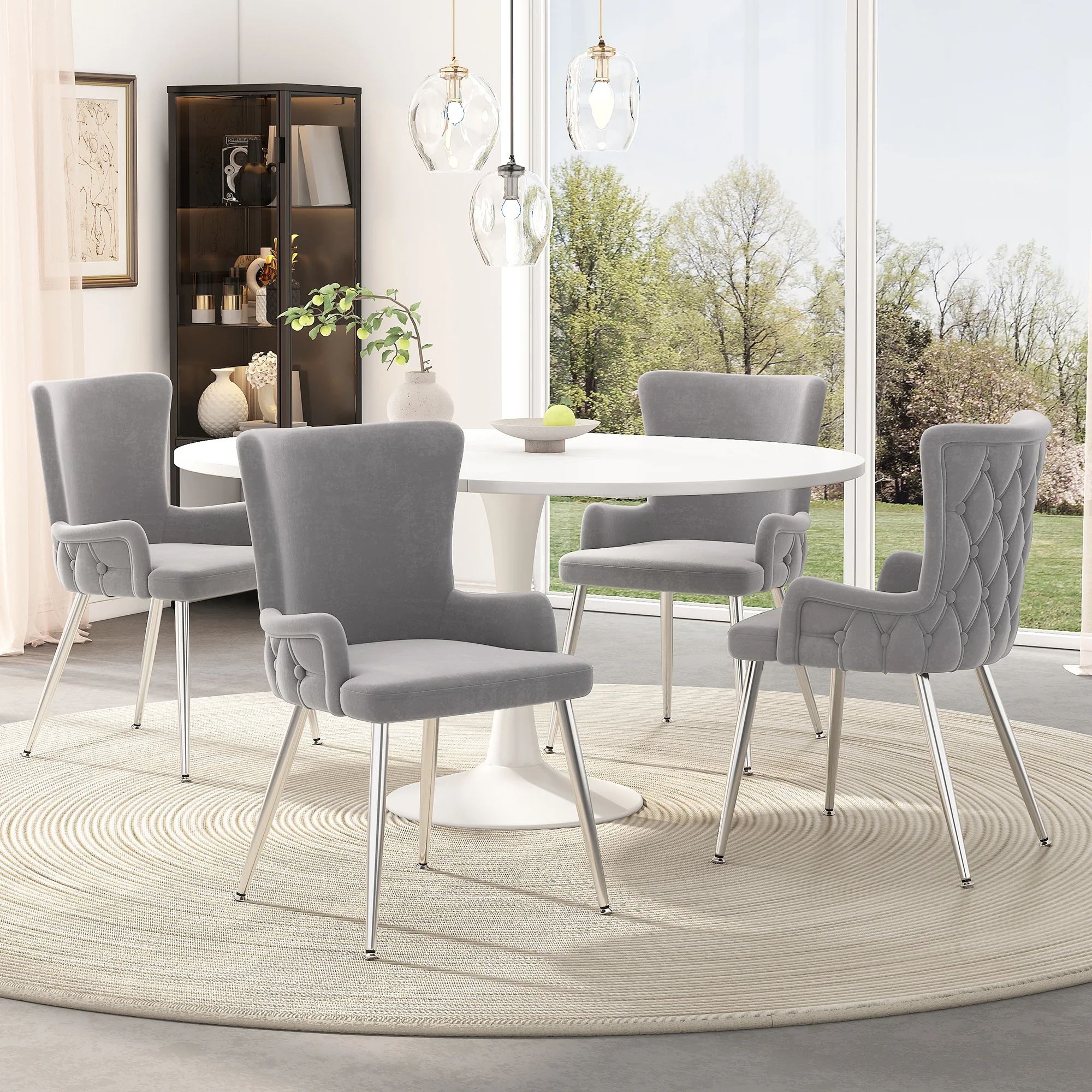 Velvet Dining Chair Set of 4 with Metal Legs Grey