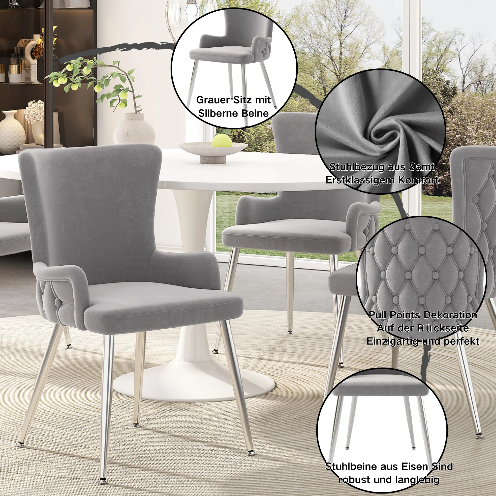 Velvet Dining Chair Set of 4 with Metal Legs Grey - Image 4