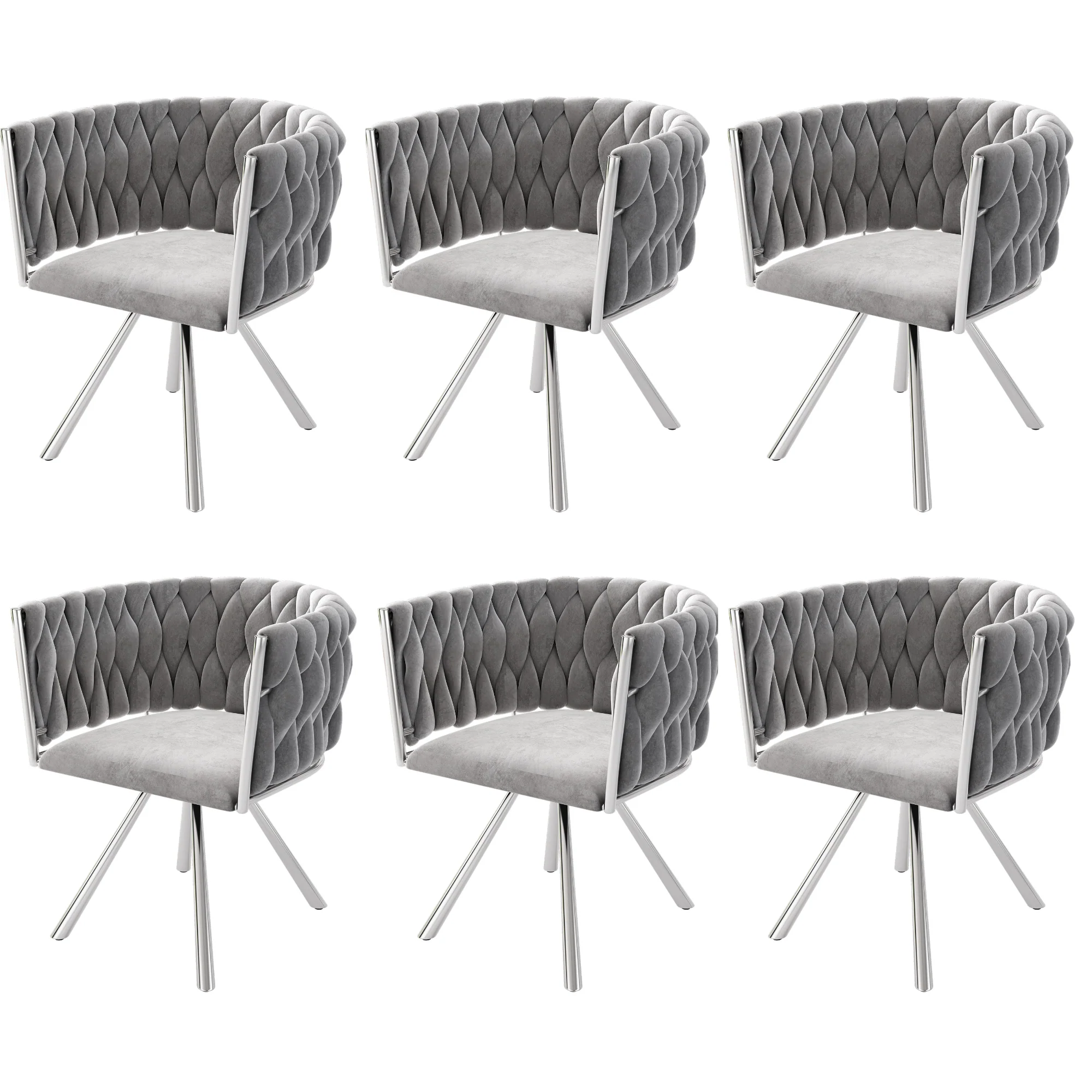 Velvet Dining Chair Set of 6 Swivel Leisure Metal Legs Grey Silver - Image 10
