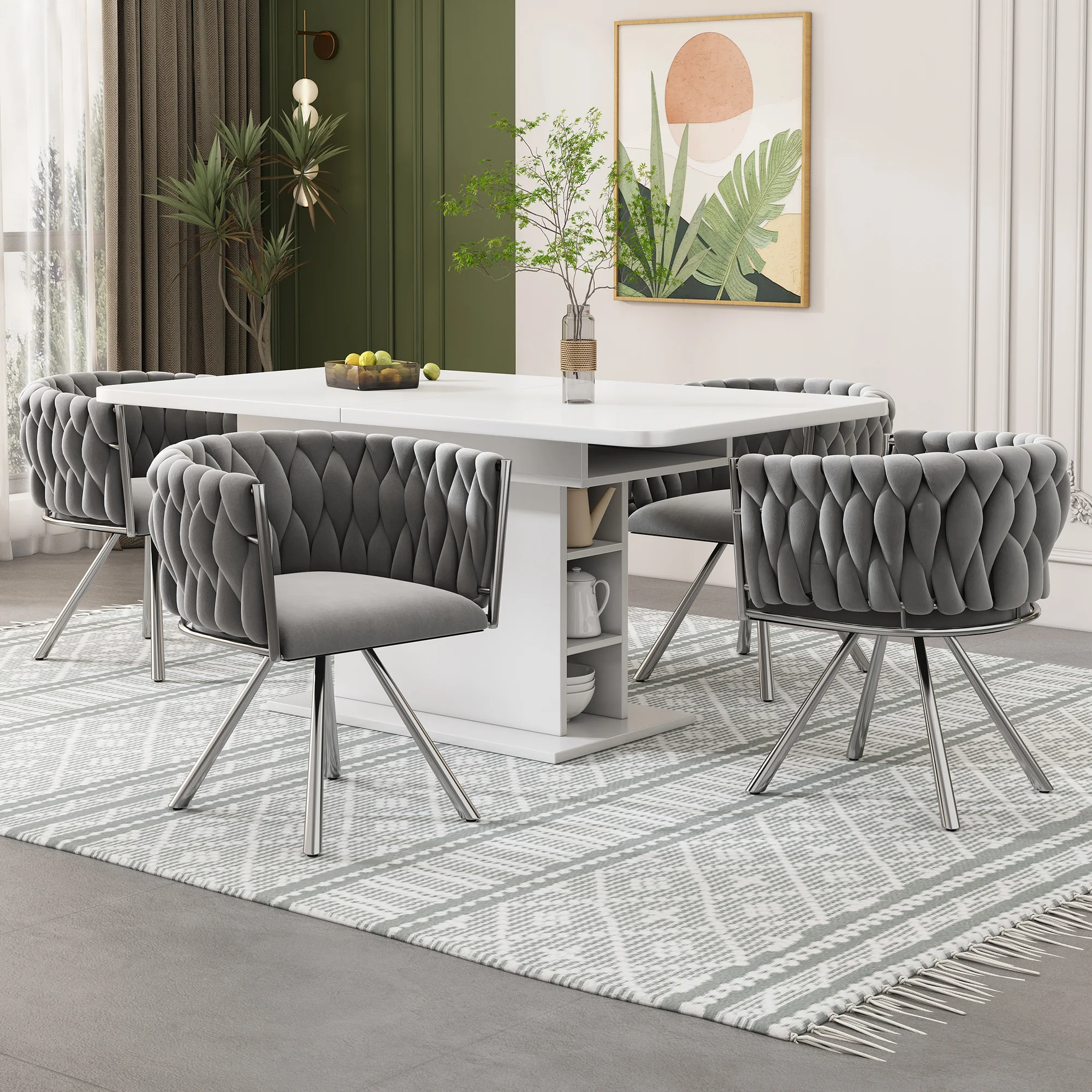 Velvet Dining Chair Set of 6 Swivel Leisure Metal Legs Grey Silver - Image 2