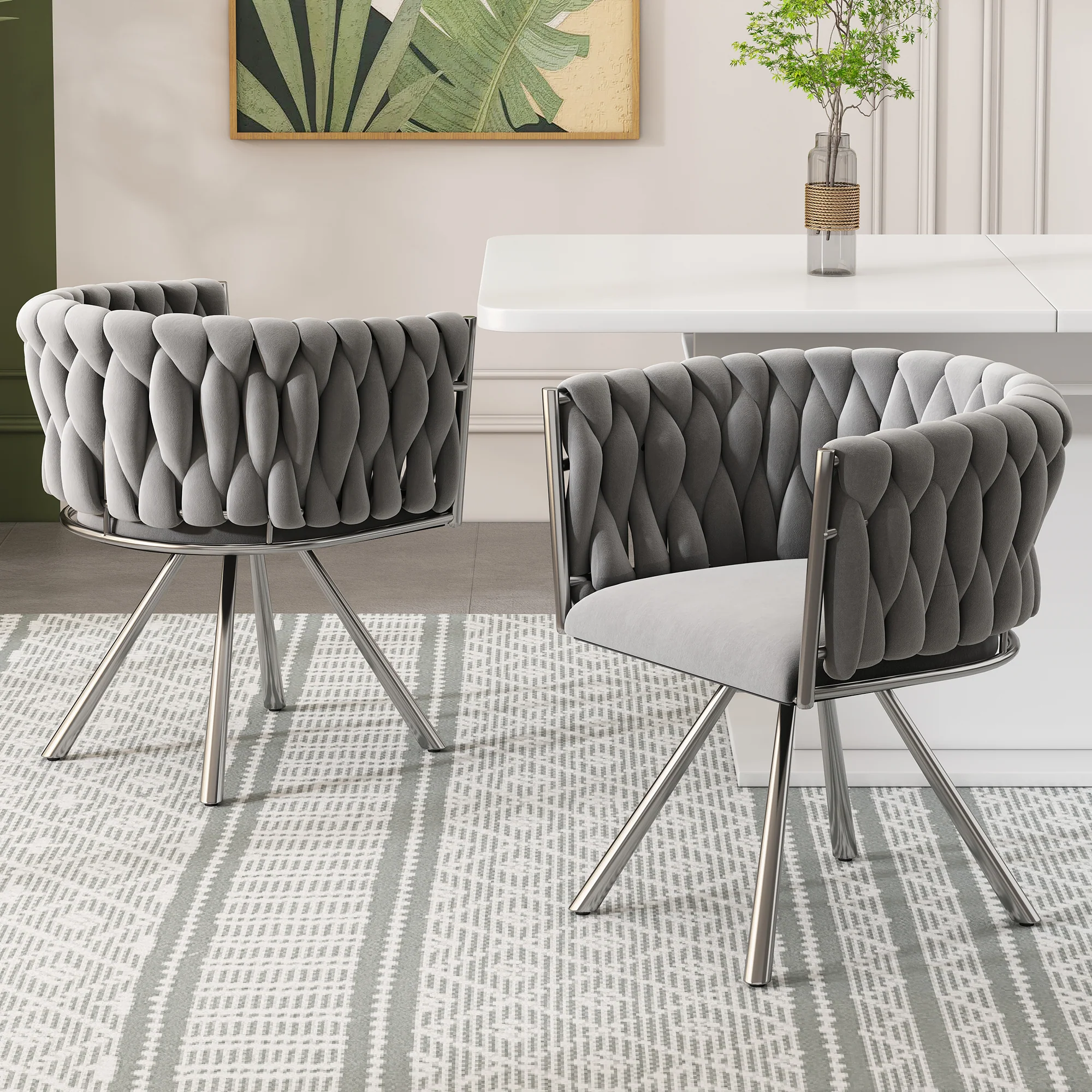 Velvet Dining Chair Set of 6 Swivel Leisure Metal Legs Grey Silver - Image 3