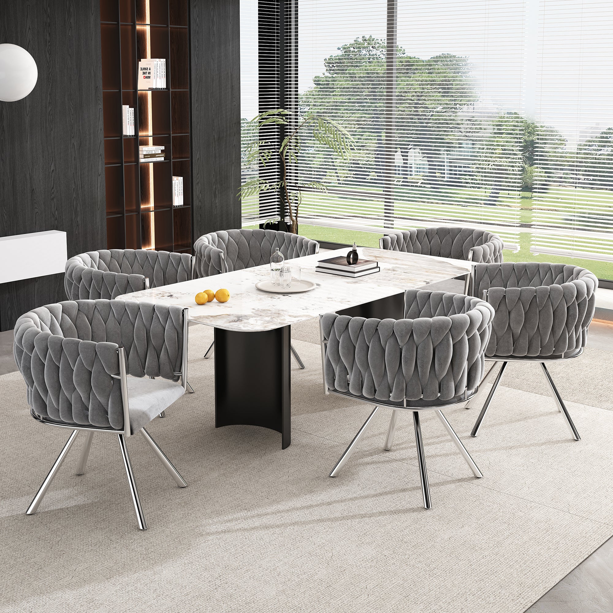 Velvet Dining Chair Set of 6 Swivel Leisure Metal Legs Grey Silver - Image 4