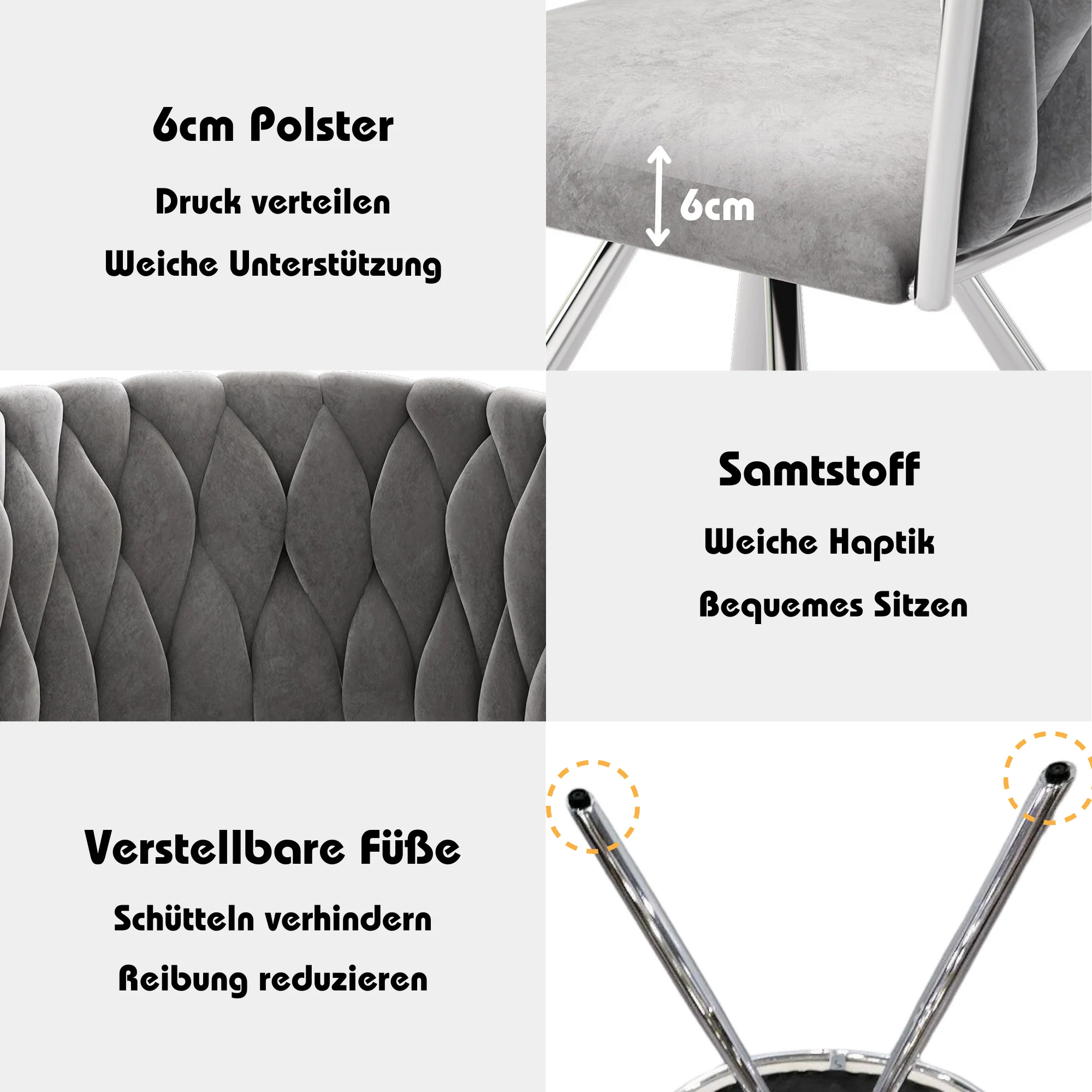 Velvet Dining Chair Set of 6 Swivel Leisure Metal Legs Grey Silver - Image 7