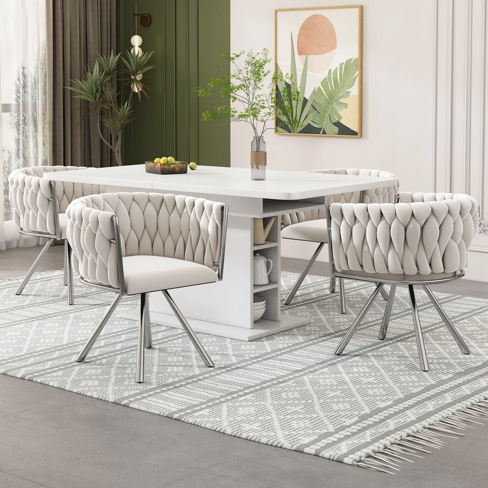 Velvet Dining Chair Set of 6 Swivel Metal Legs - Beige/Silver - Image 2