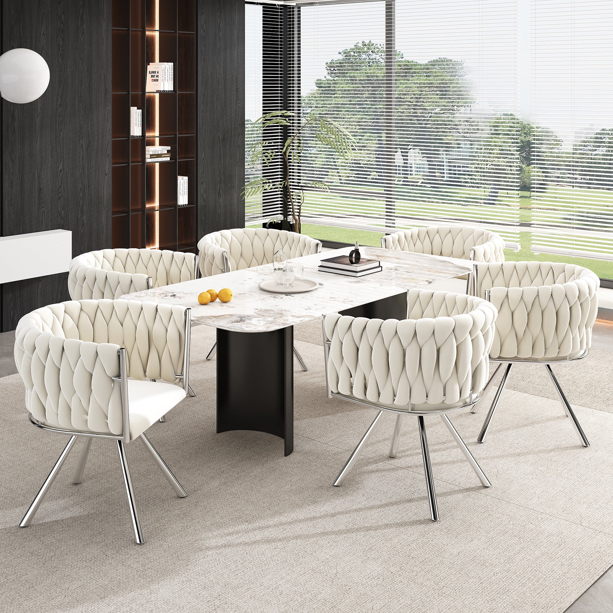 Velvet Dining Chair Set of 6 Swivel Metal Legs - Beige/Silver - Image 4