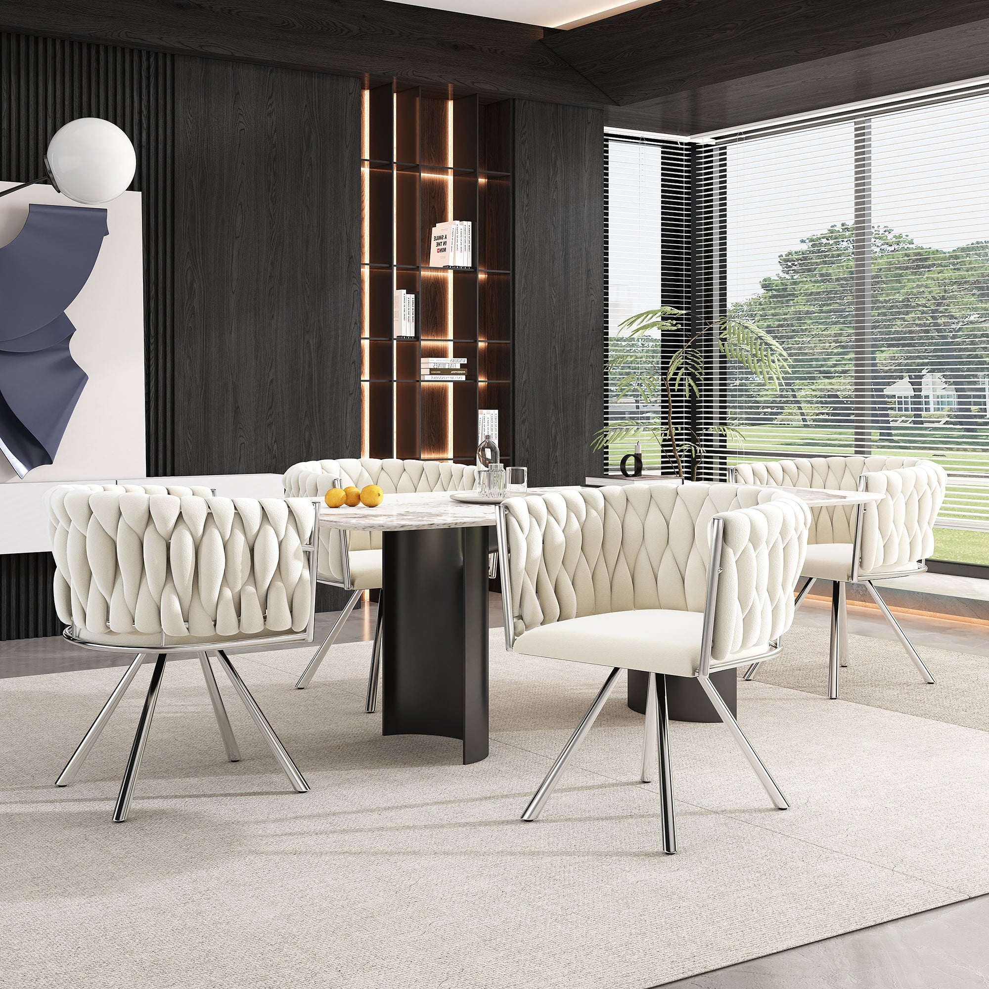 Velvet Dining Chair Set of 6 Swivel Metal Legs - Beige/Silver - Image 5