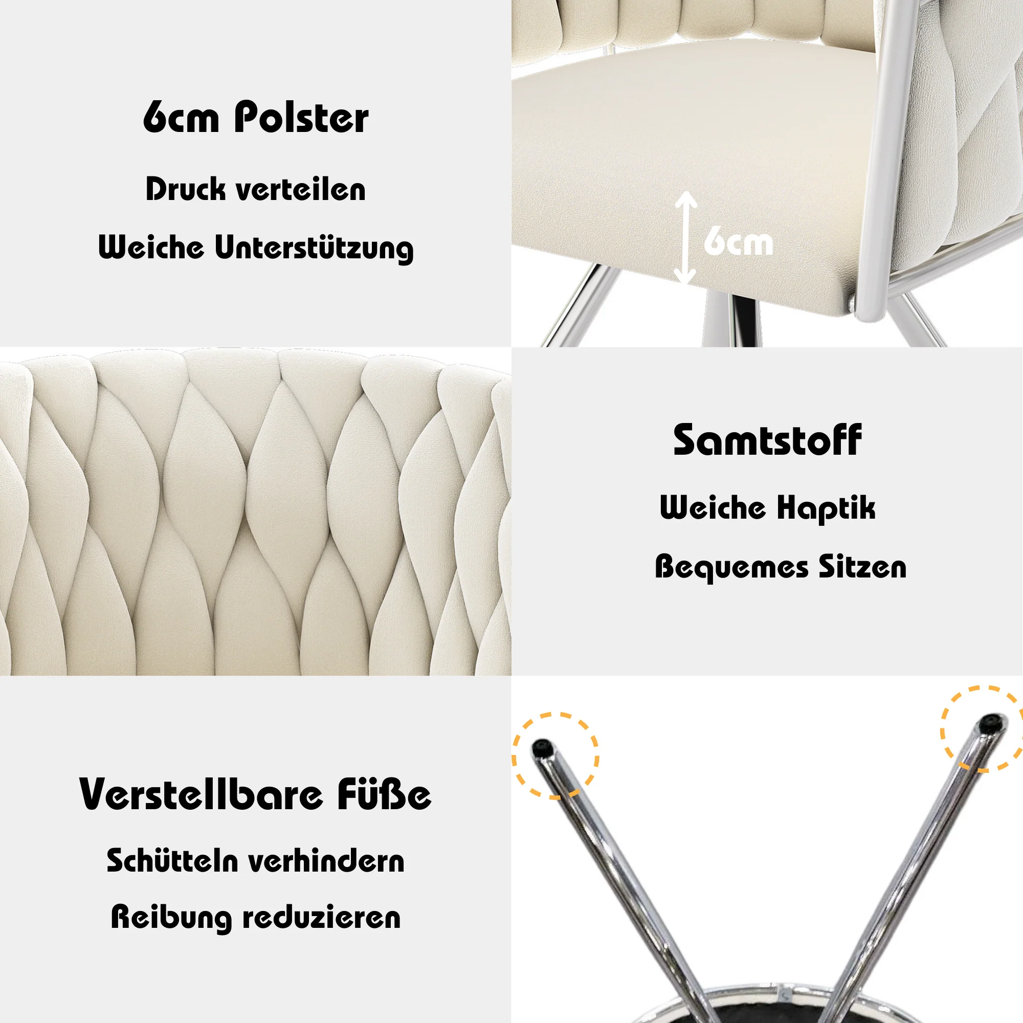 Velvet Dining Chair Set of 6 Swivel Metal Legs - Beige/Silver - Image 7