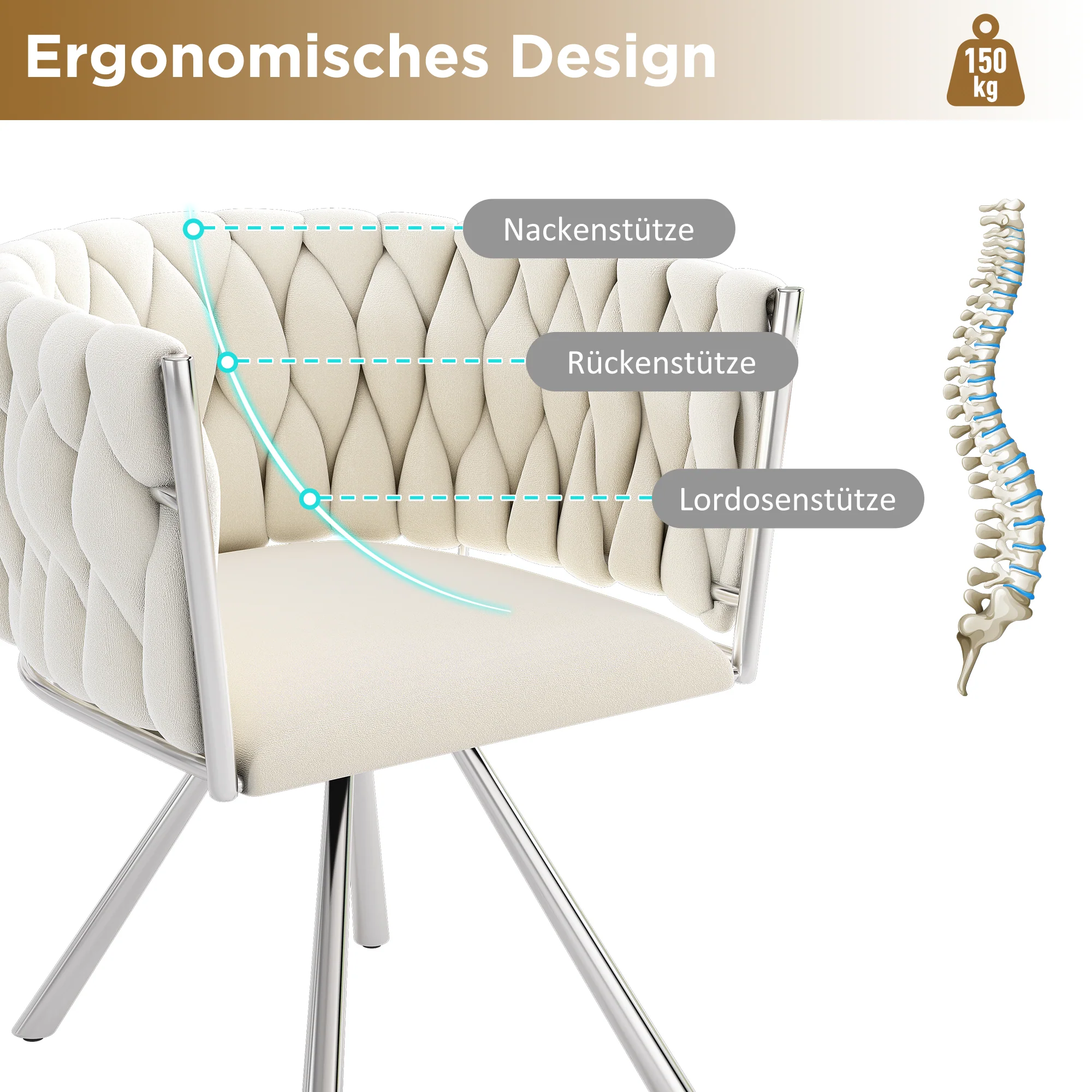 Velvet Dining Chair Set of 6 Swivel Metal Legs - Beige/Silver - Image 8
