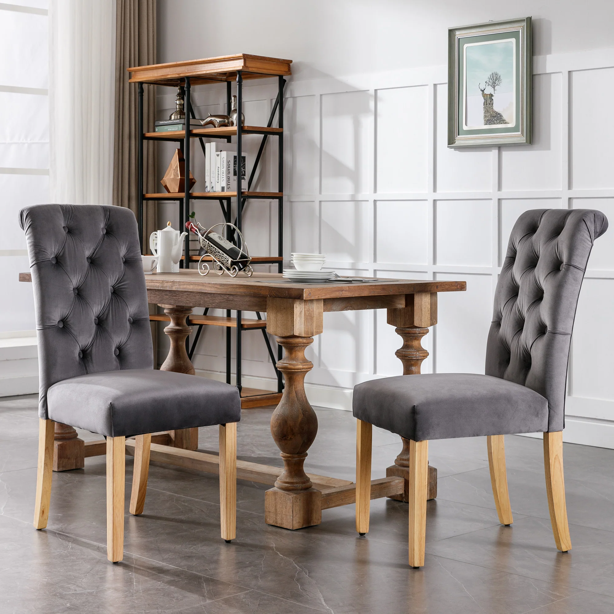 Velvet Dining Chairs Set of 2 Oak Legs Chrome Knockers Grey