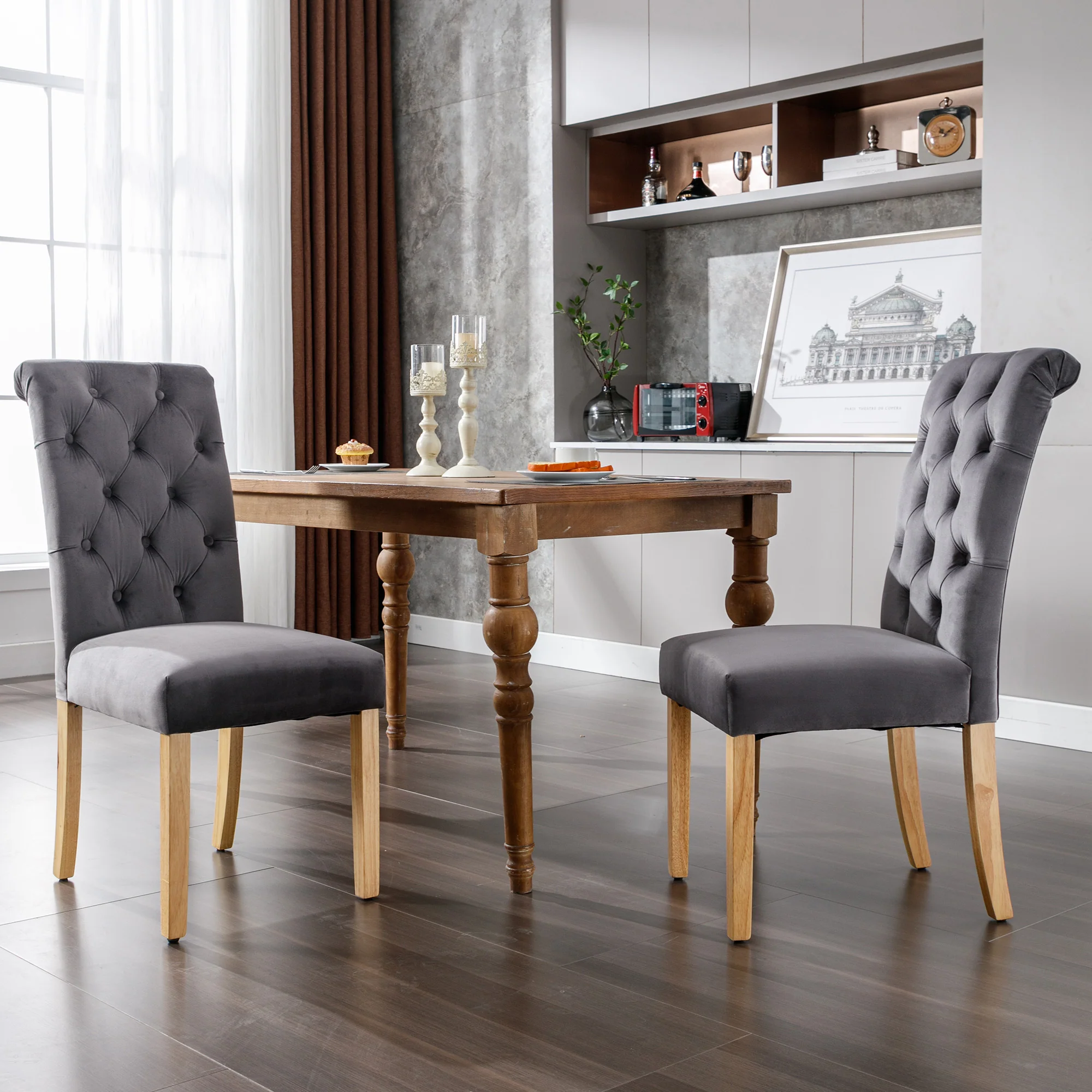 Velvet Dining Chairs Set of 2 Oak Legs Chrome Knockers Grey - Image 2