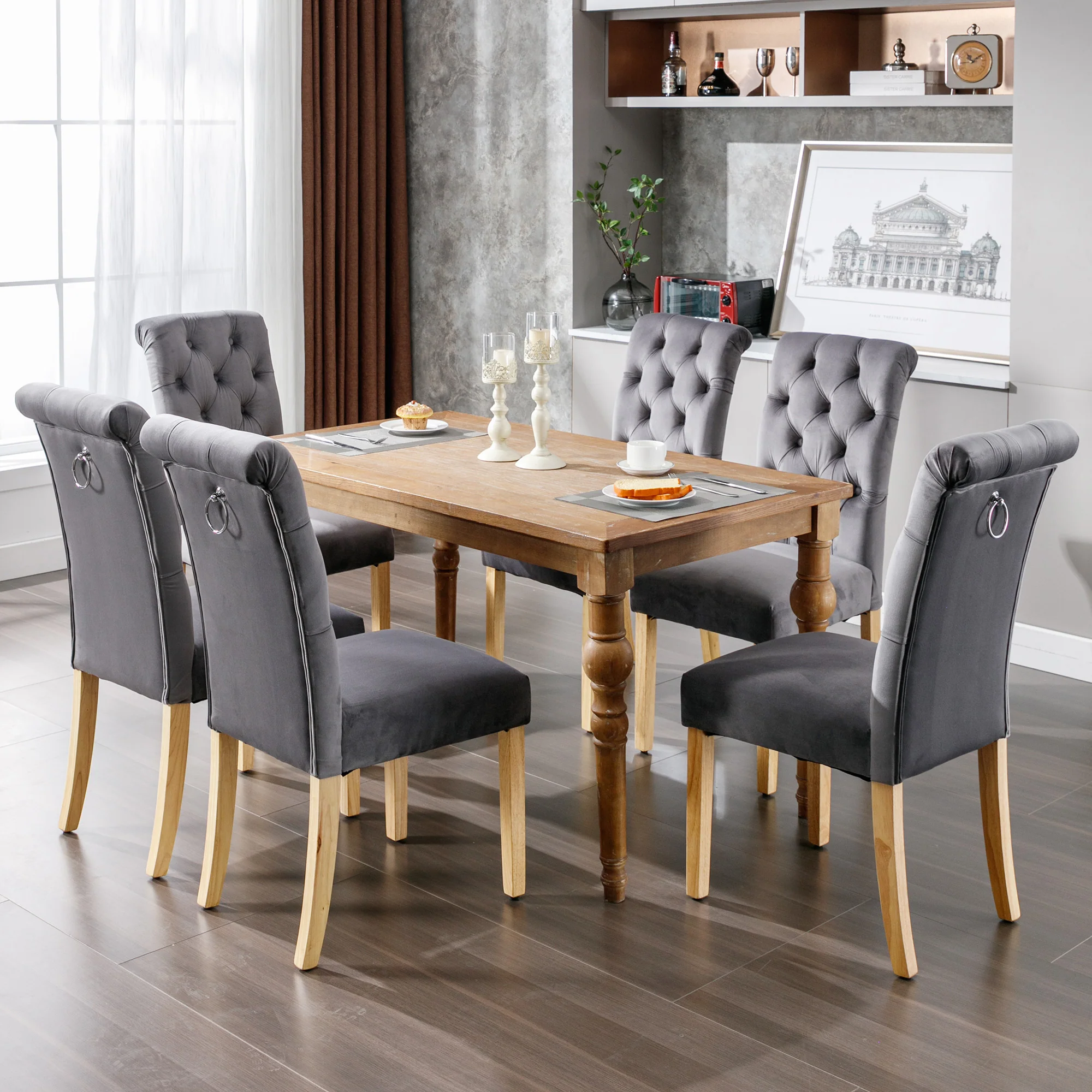 Velvet Dining Chairs Set of 2 Oak Legs Chrome Knockers Grey - Image 3