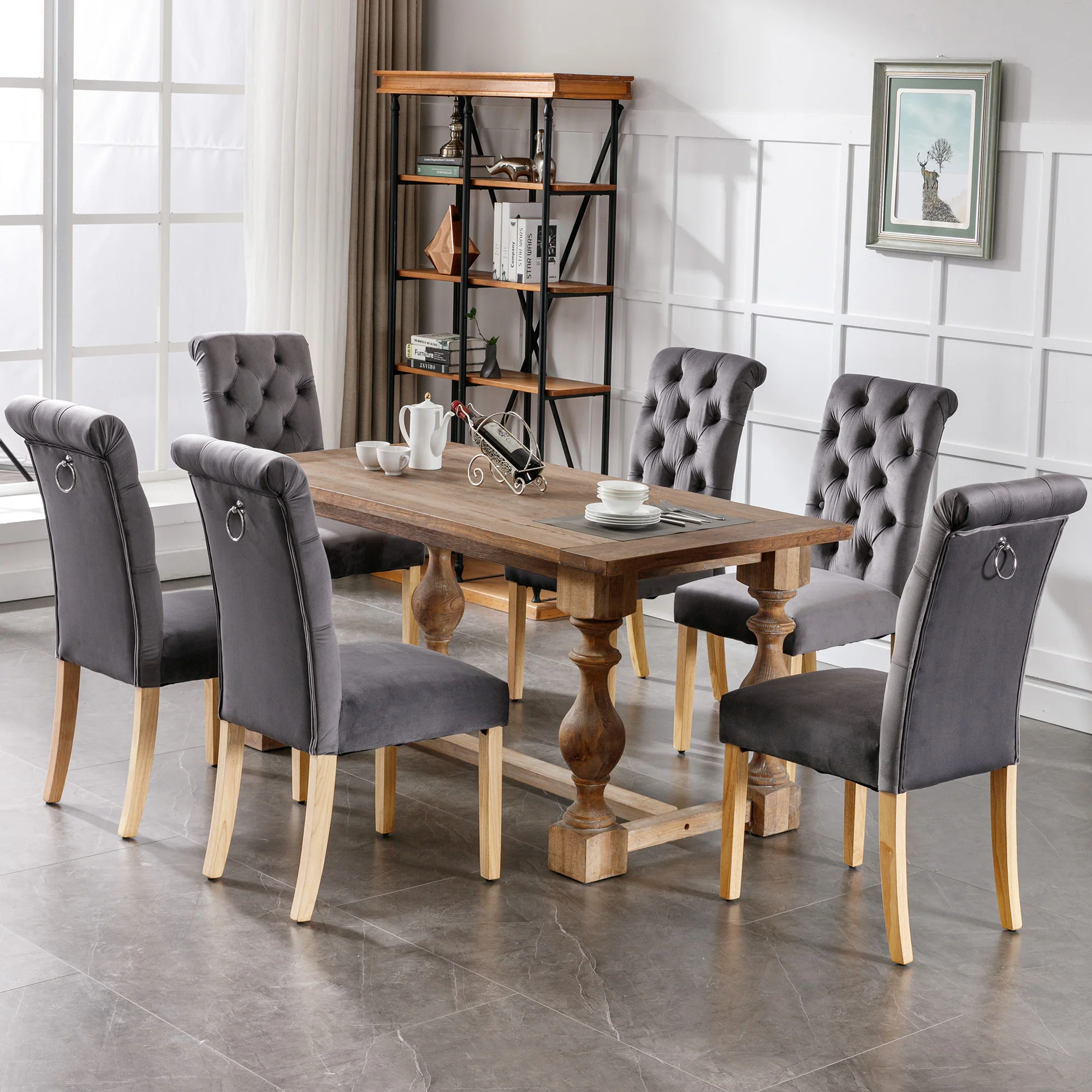 Velvet Dining Chairs Set of 2 Oak Legs Chrome Knockers Grey - Image 4