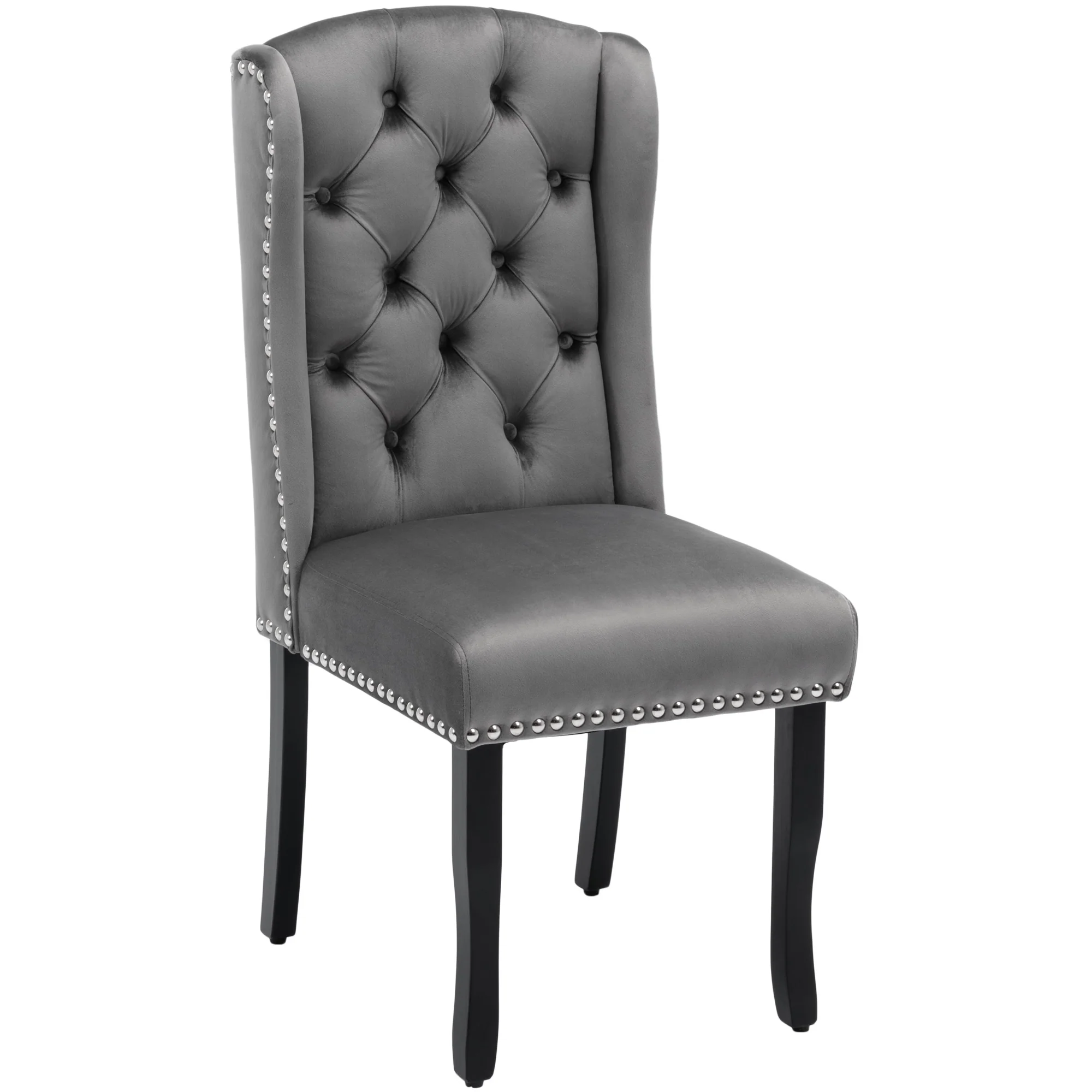 Velvet Dining Chairs Set of 2 Oak Legs Nailhead Trim - Grey - Image 6