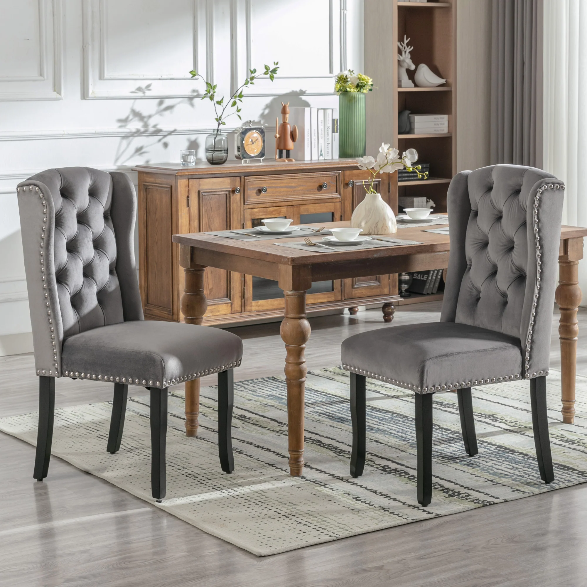 Velvet Dining Chairs Set of 6 | Oak Legs Chrome Knocker Nailhead Trim - Grey - Image 2