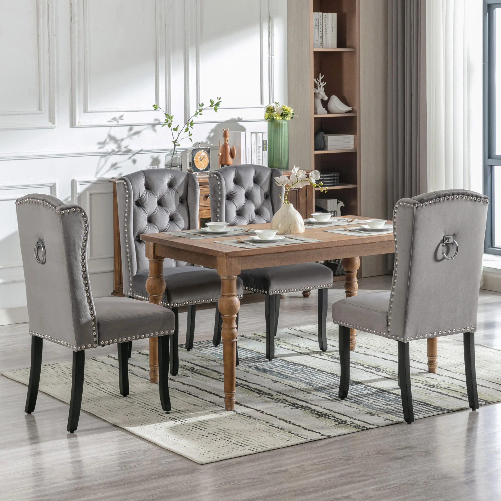 Velvet Dining Chairs Set of 6 | Oak Legs Chrome Knocker Nailhead Trim - Grey - Image 4