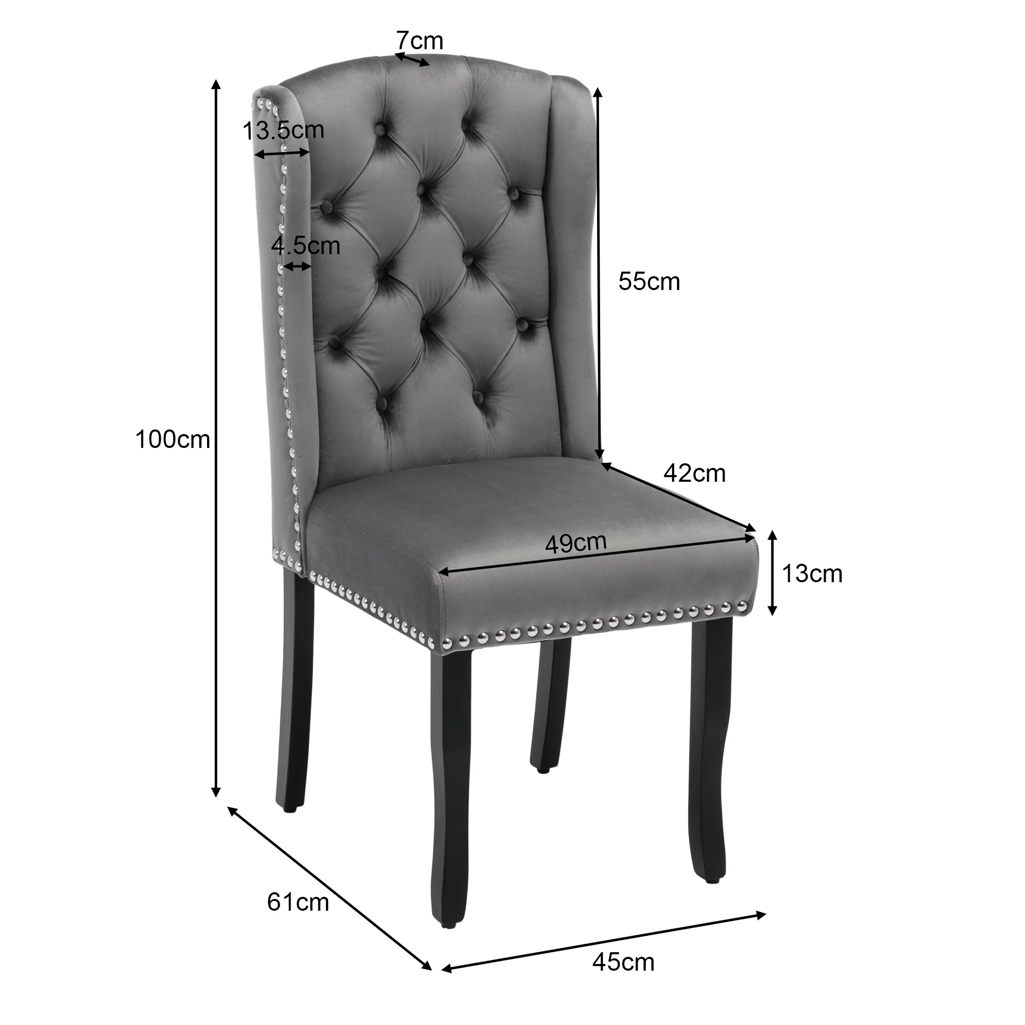 Velvet Dining Chairs Set of 6 | Oak Legs Chrome Knocker Nailhead Trim - Grey - Image 5