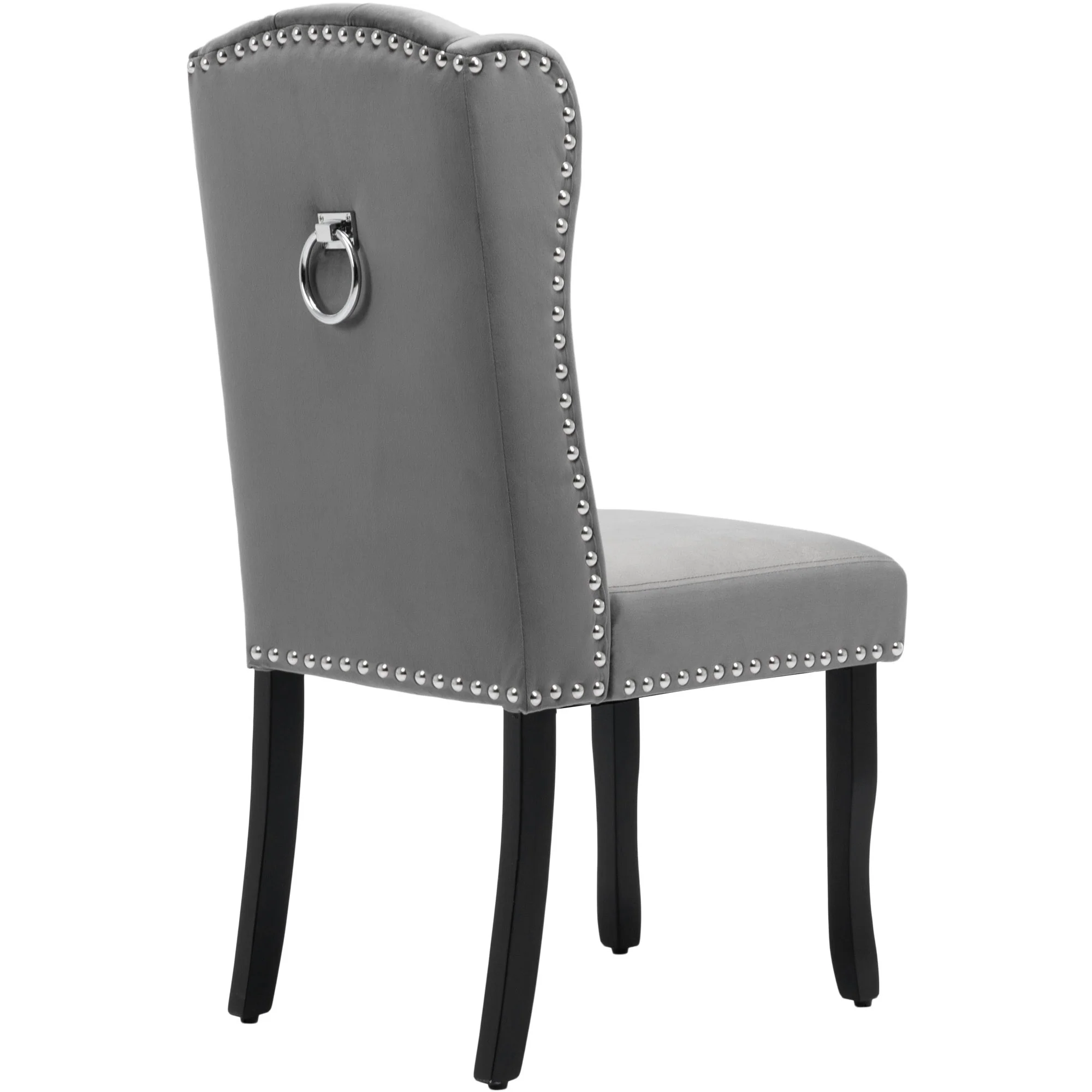 Velvet Dining Chairs Set of 6 | Oak Legs Chrome Knocker Nailhead Trim - Grey - Image 7