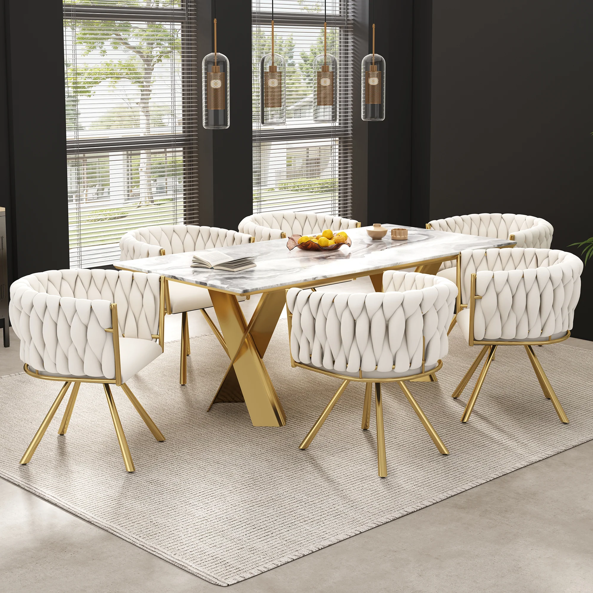 Velvet Swivel Chair Set of 6 Metal Legs - Beige and Gold - Image 4