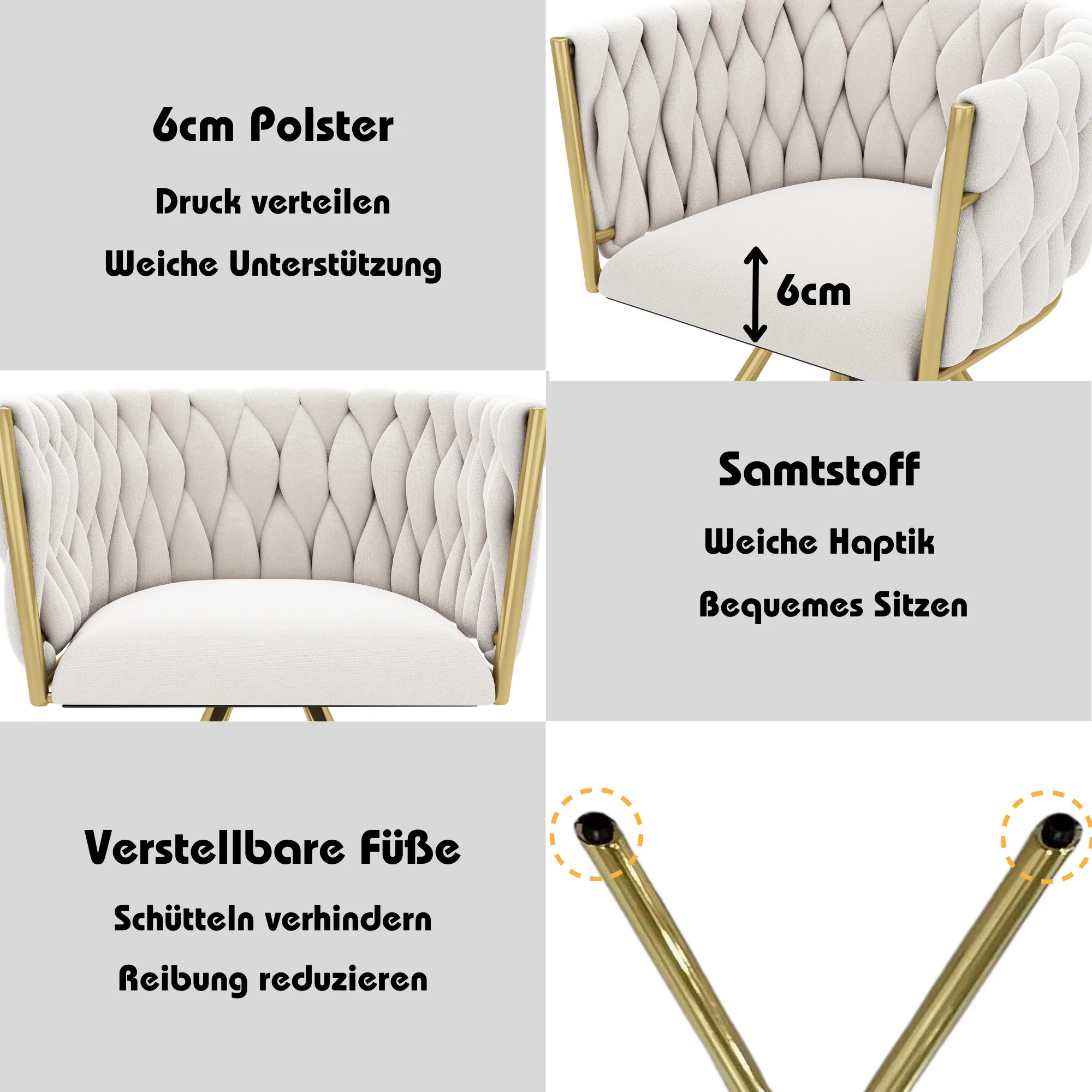 Velvet Swivel Chair Set of 6 Metal Legs - Beige and Gold - Image 7