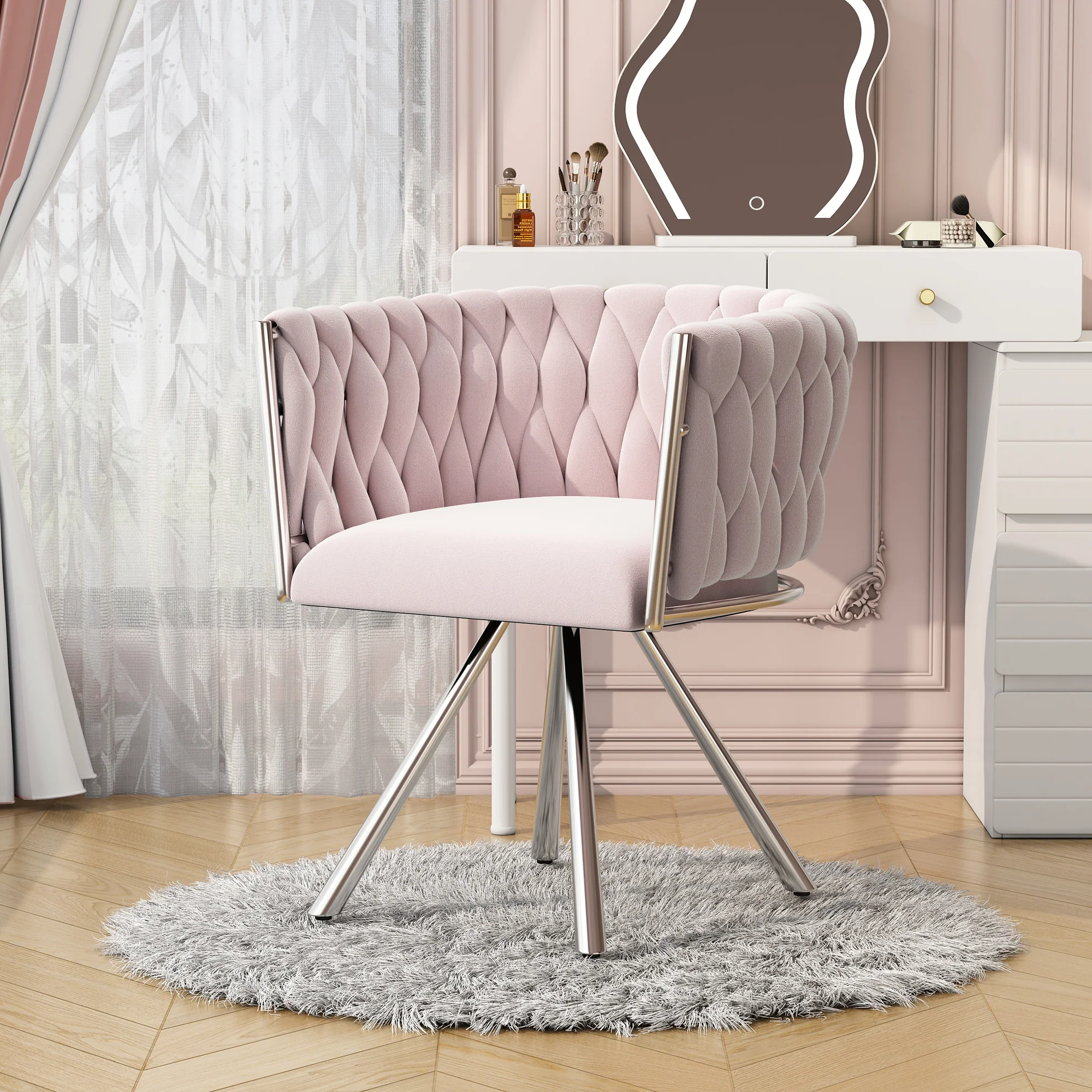 Velvet Vanity Chair Luxury Swivel Metal Legs - Pink - Image 2