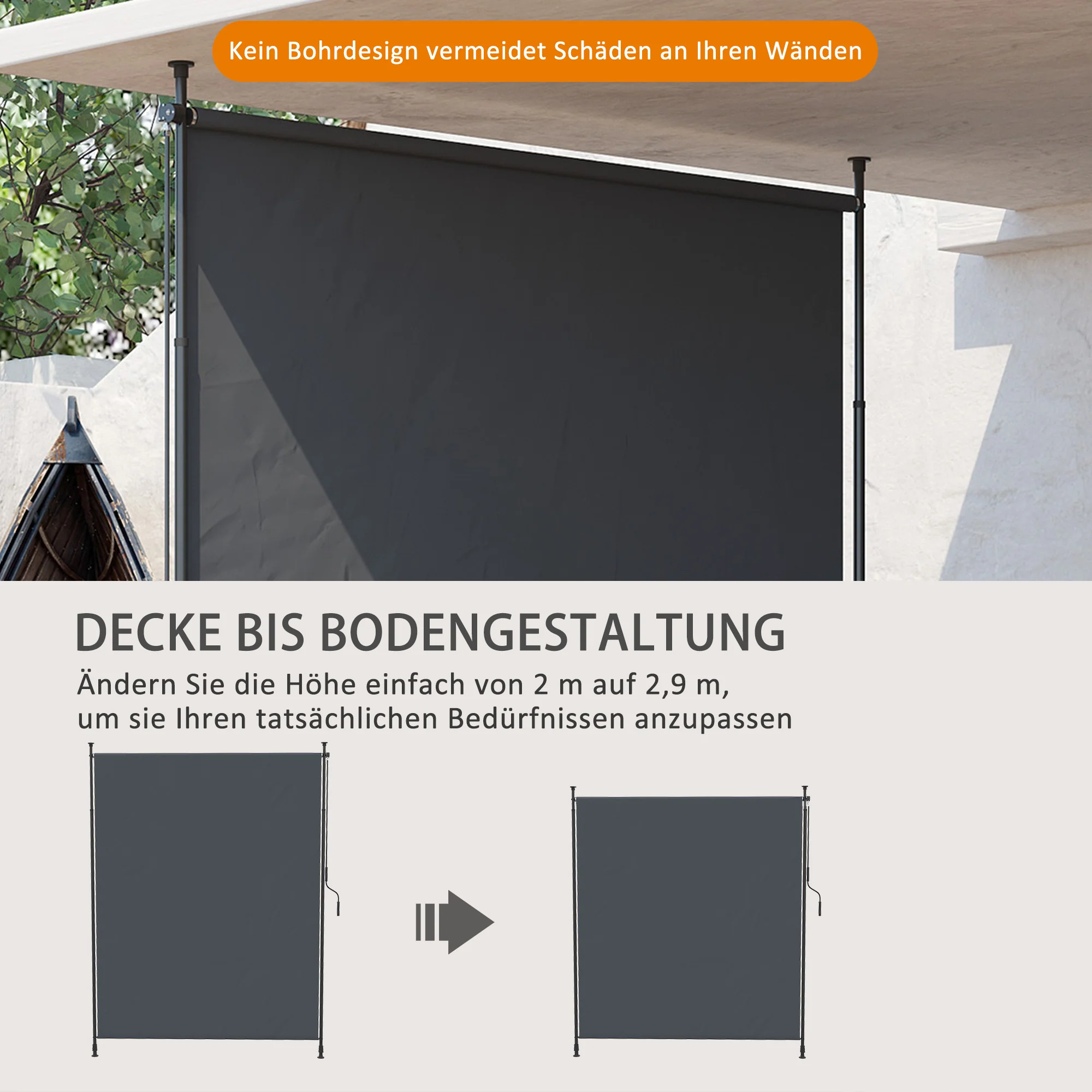 Vertical Awning 200 x 292 cm Retractable Adjustable Sunshade, Grey Aluminum - Image 4