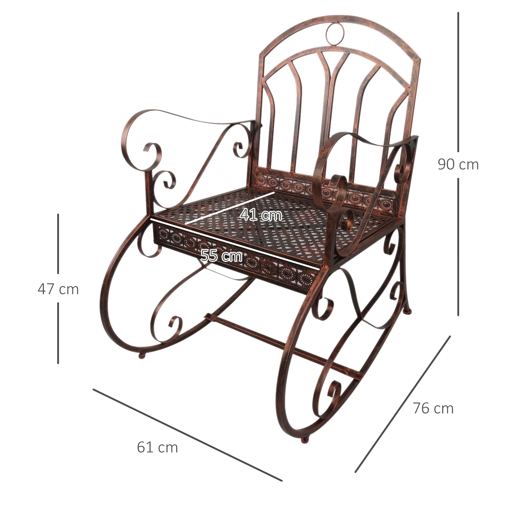 Vintage Rocking Chair 150 kg Capacity Elegant Curves High Comfort, Bronze-Red Metal - Image 3
