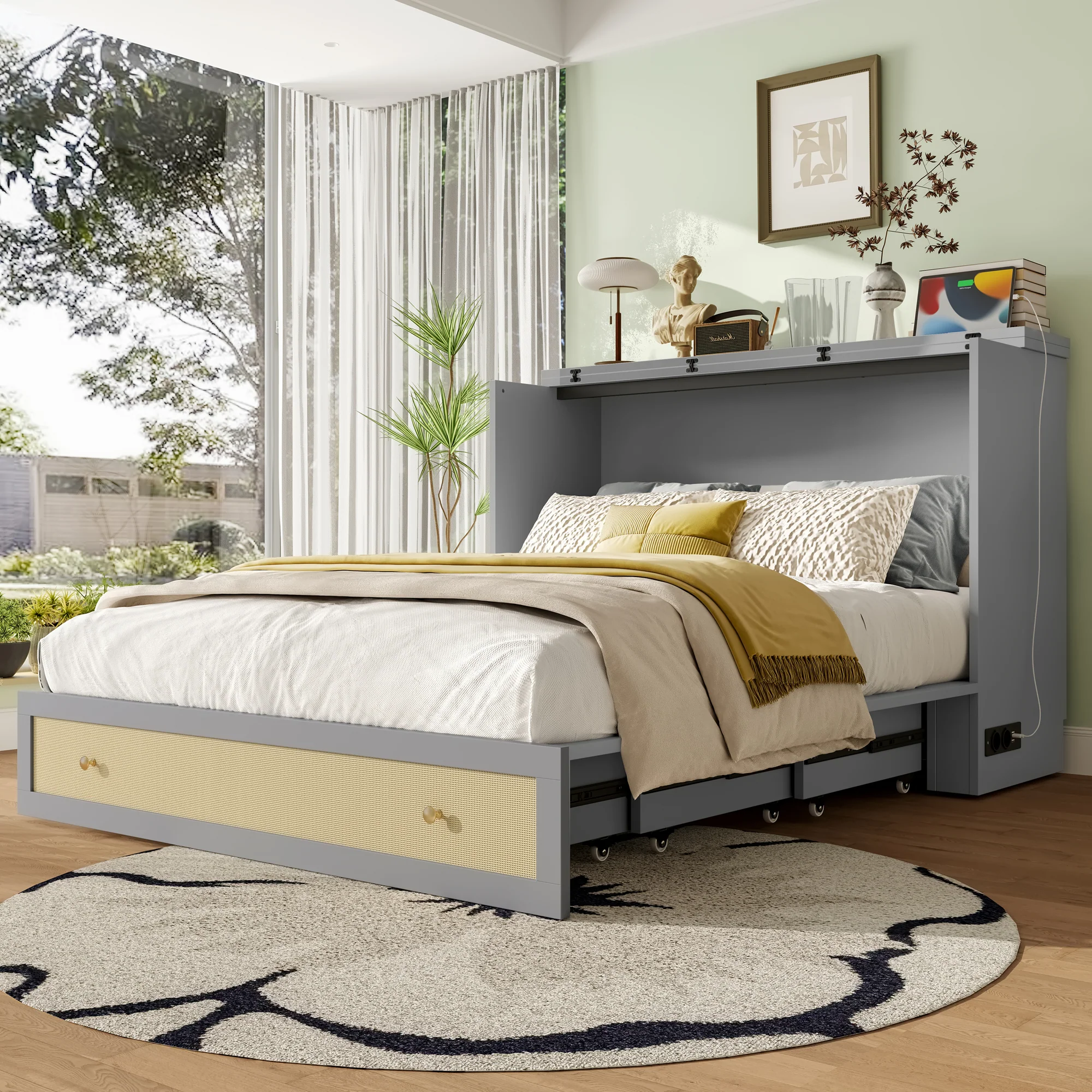 Wall Bed 140x200cm Mobile Convertible Storage Drawers Shelf USB/Power Outlet - Grey - Image 2
