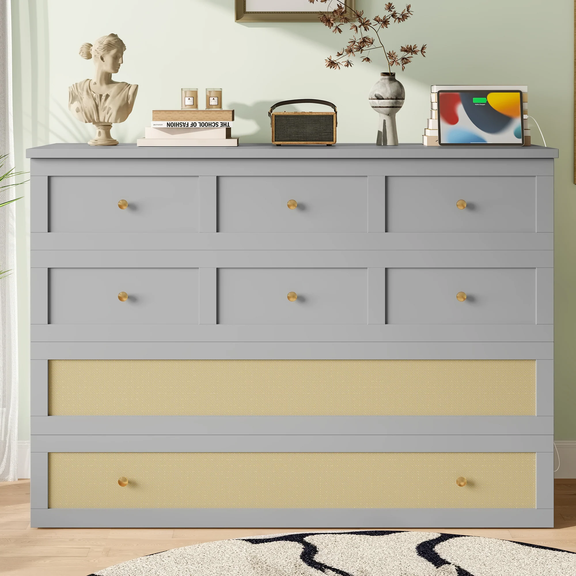 Wall Bed 140x200cm Mobile Convertible Storage Drawers Shelf USB/Power Outlet - Grey - Image 3