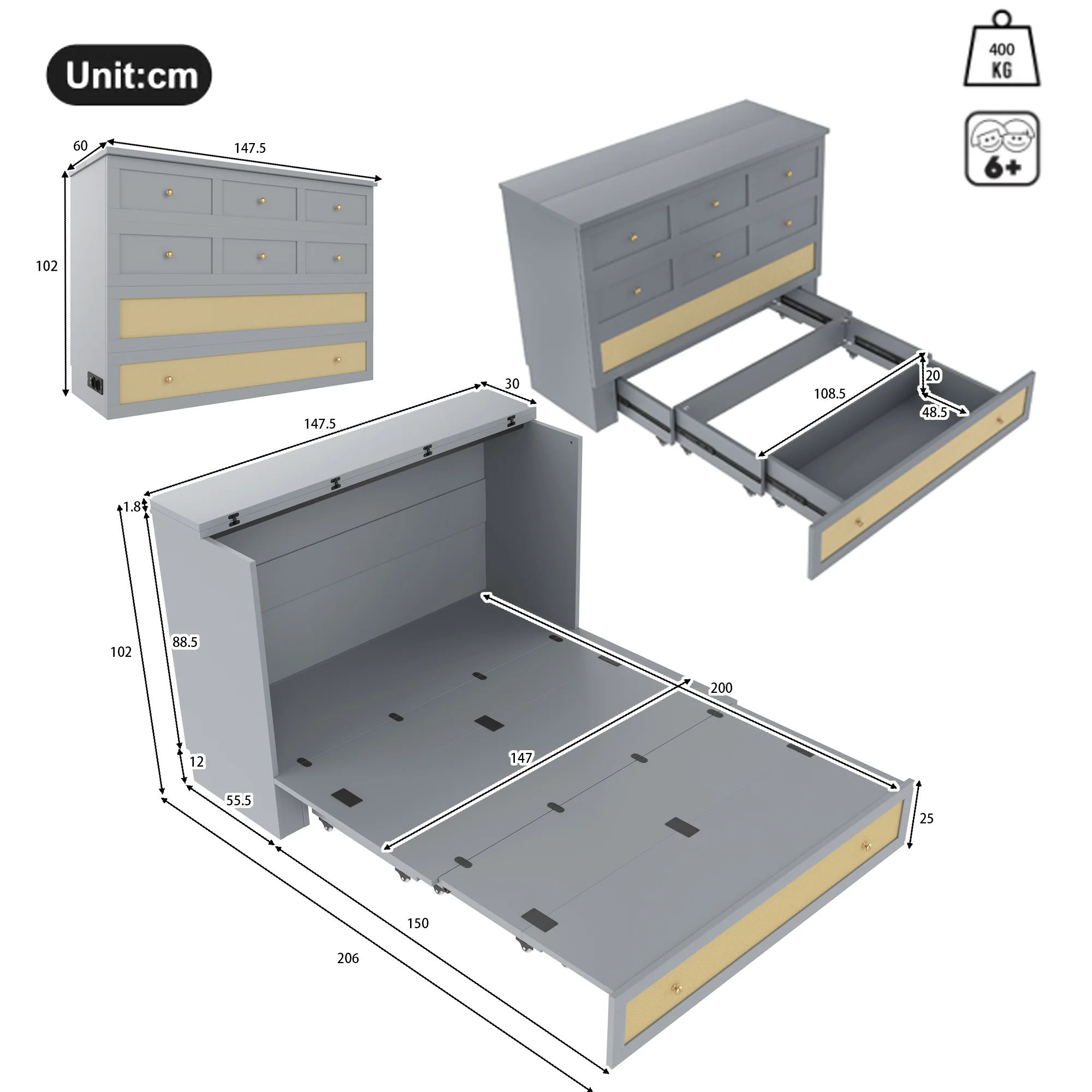 Wall Bed 140x200cm Mobile Convertible Storage Drawers Shelf USB/Power Outlet - Grey - Image 5