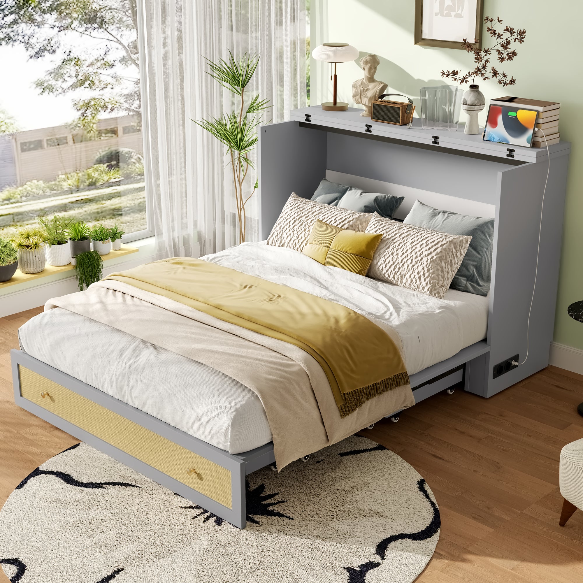 Wall Bed 140x200cm Mobile Convertible Storage Drawers Shelf USB/Power Outlet - Grey - Image 6