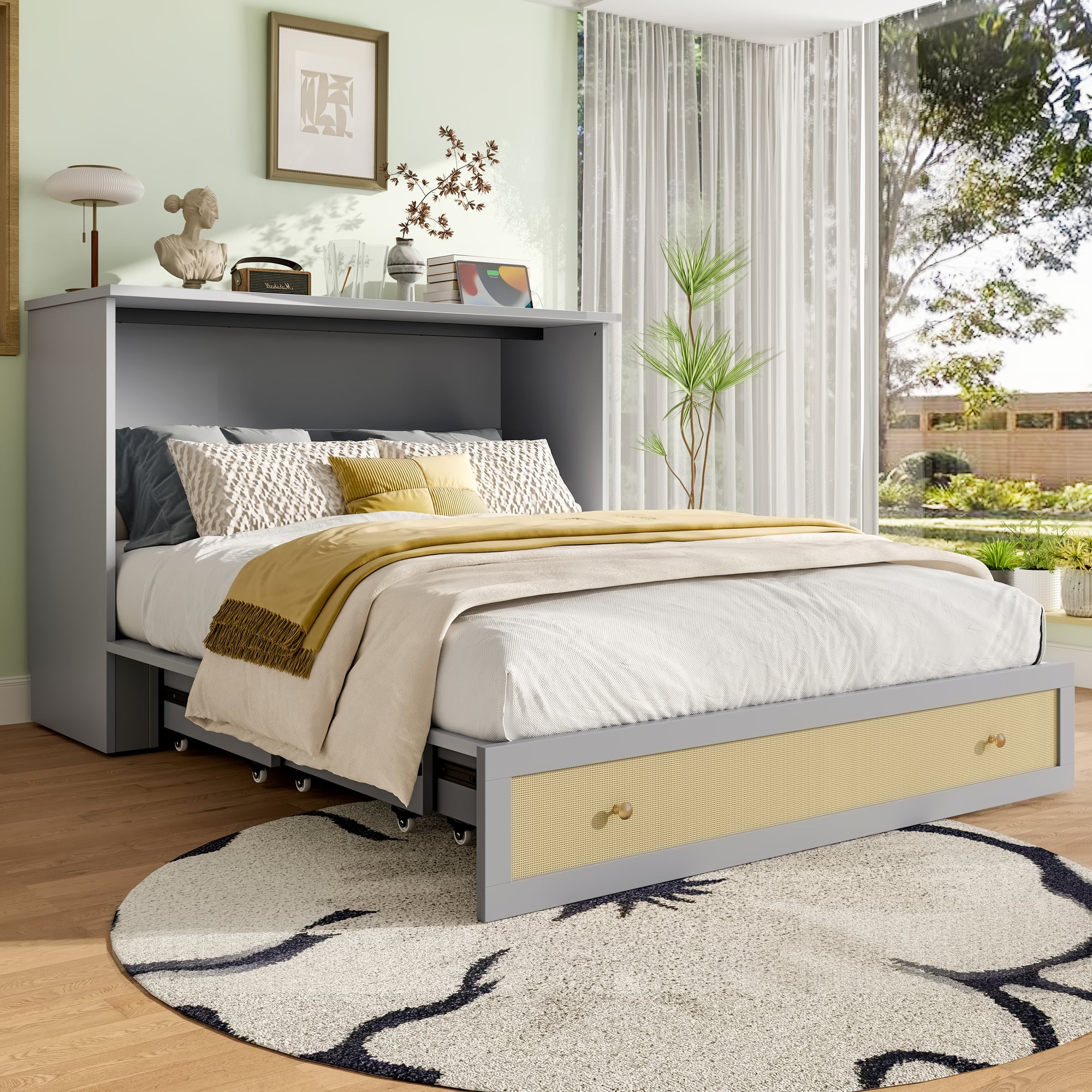 Wall Bed 140x200cm Mobile Convertible Storage Drawers Shelf USB/Power Outlet - Grey - Image 7