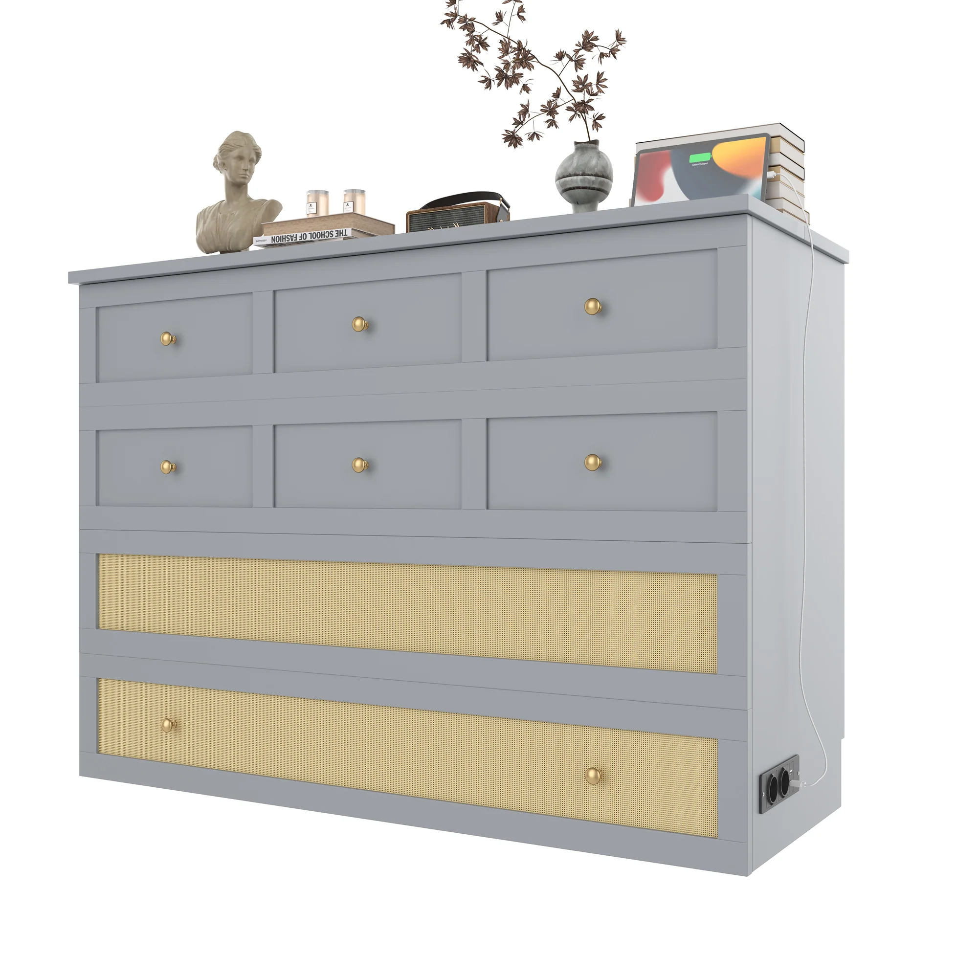 Wall Bed 140x200cm Mobile Convertible Storage Drawers Shelf USB/Power Outlet - Grey - Image 8