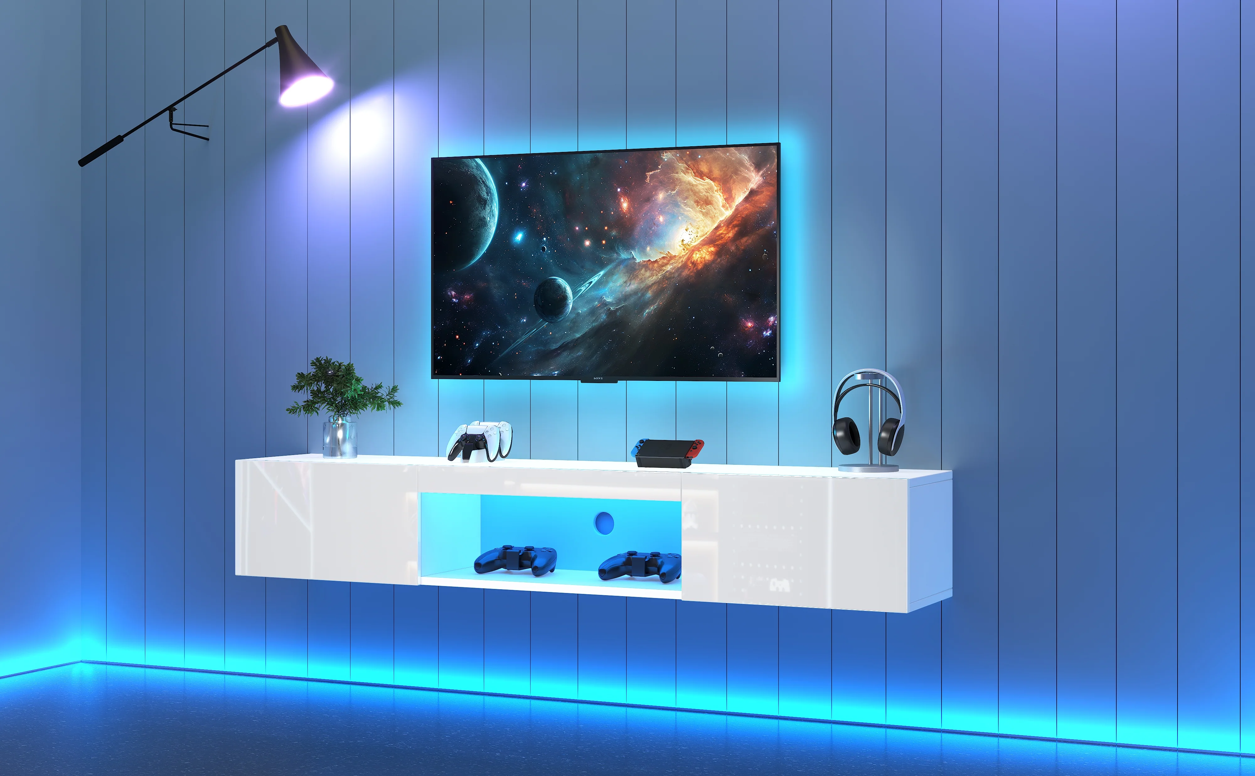 Wall Cabinet, 160x31x22cm for 70-inch TV, 30kg load, LED lighting, Bluetooth APP, high-gloss white - Image 2