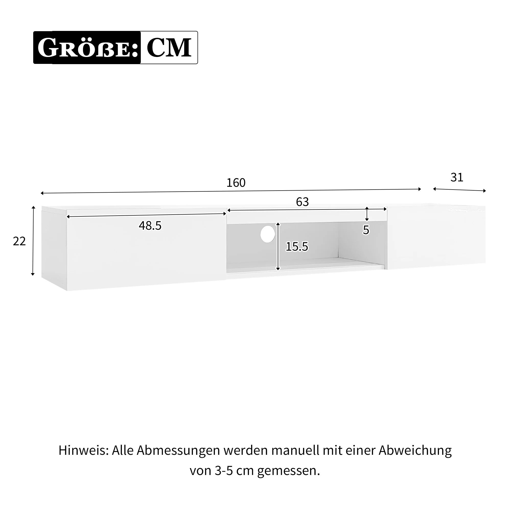 Wall Cabinet, 160x31x22cm for 70-inch TV, 30kg load, LED lighting, Bluetooth APP, high-gloss white - Image 9