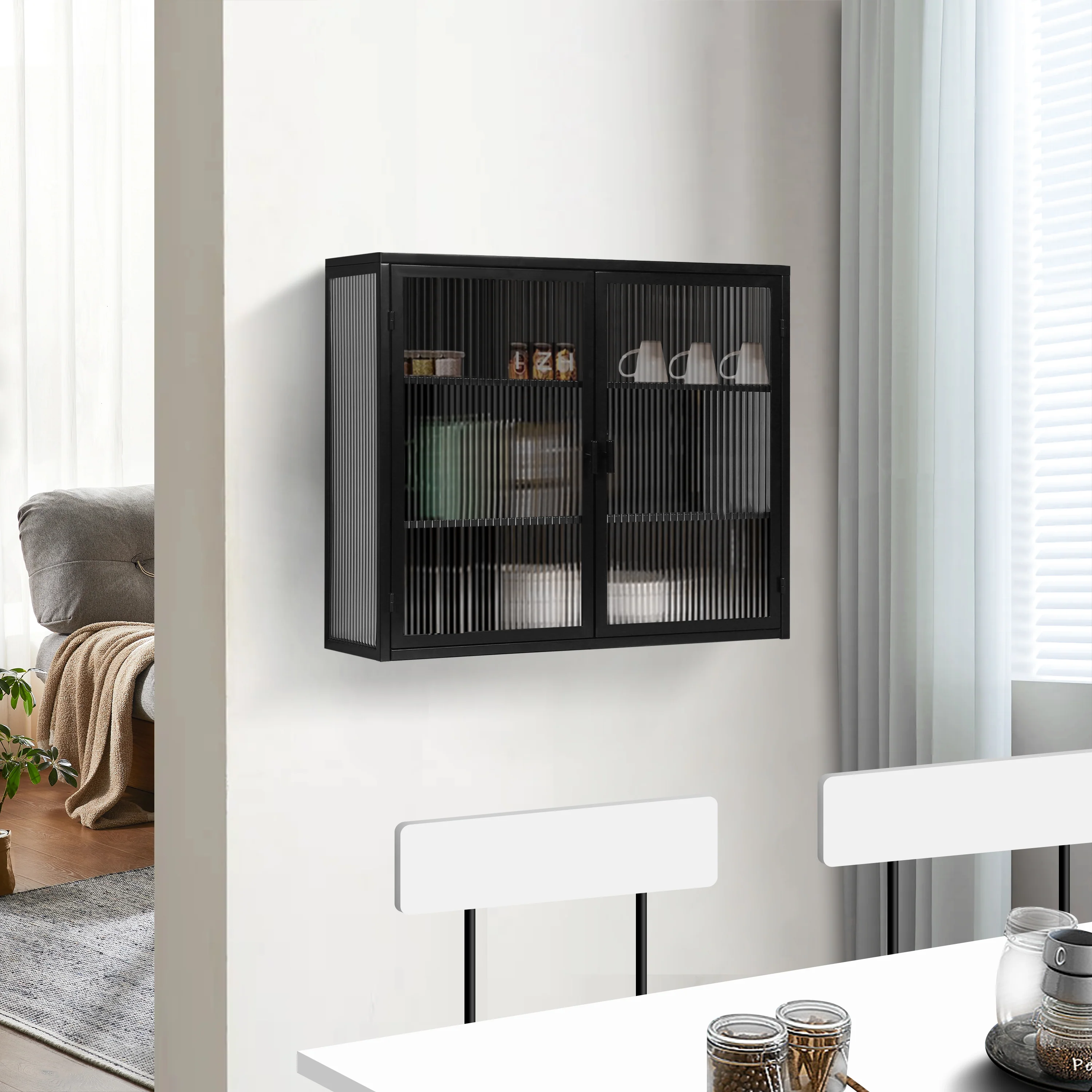 Wall Cabinet 70cm Glass Door Two-Door Three-Tier Storage, Black - Image 2
