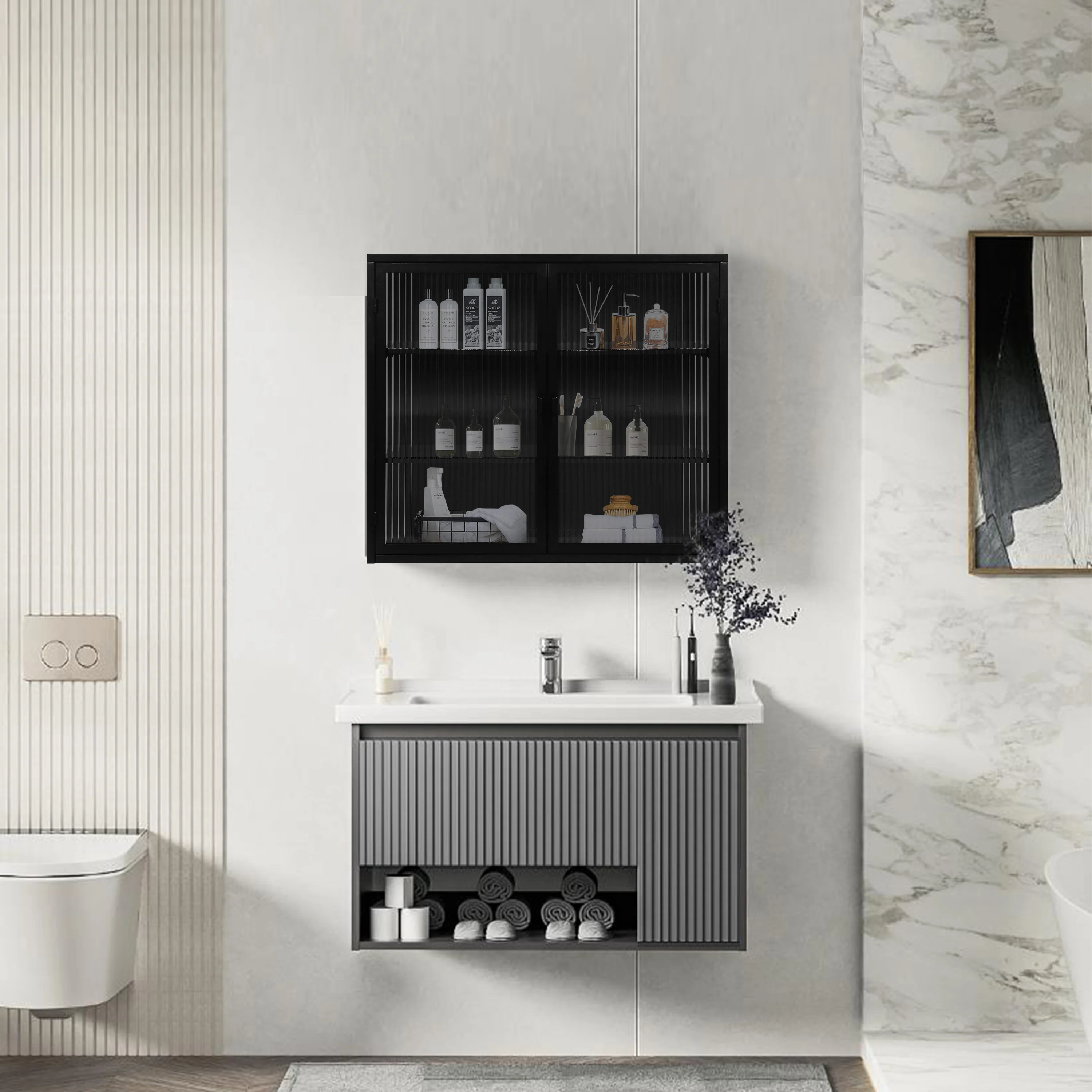 Wall Cabinet 70cm Glass Door Two-Door Three-Tier Storage, Black - Image 3