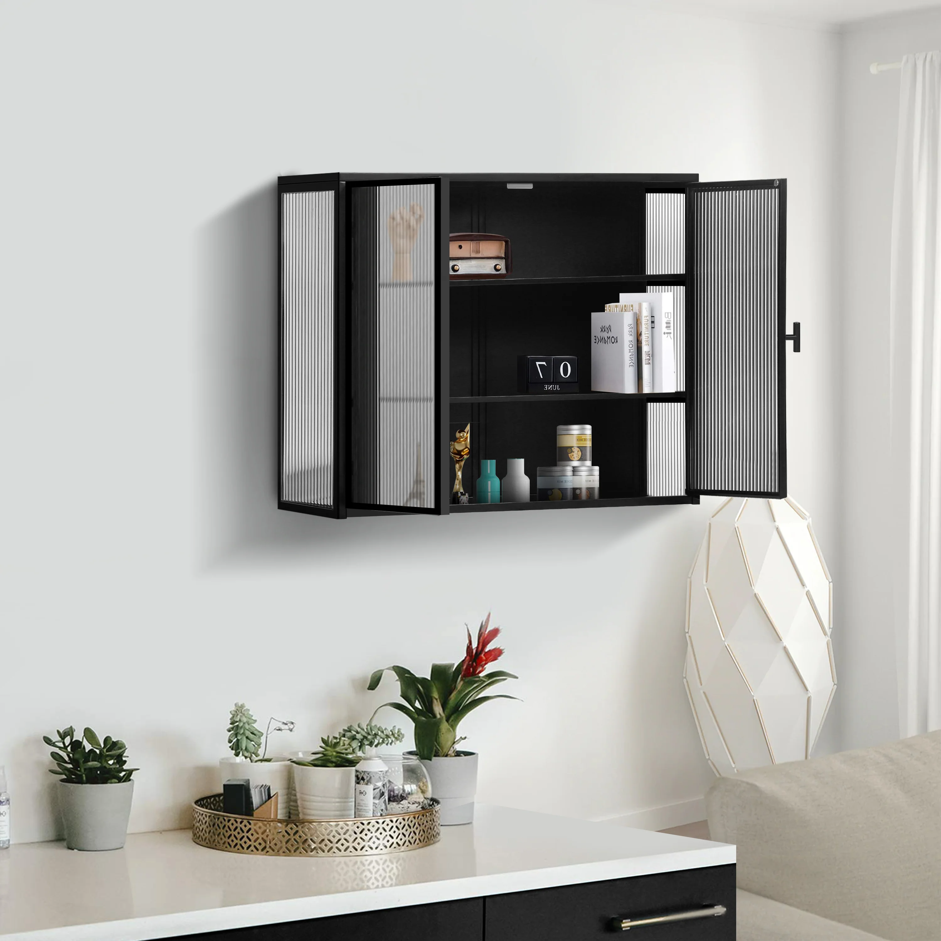Wall Cabinet 70cm Glass Door Two-Door Three-Tier Storage, Black - Image 4