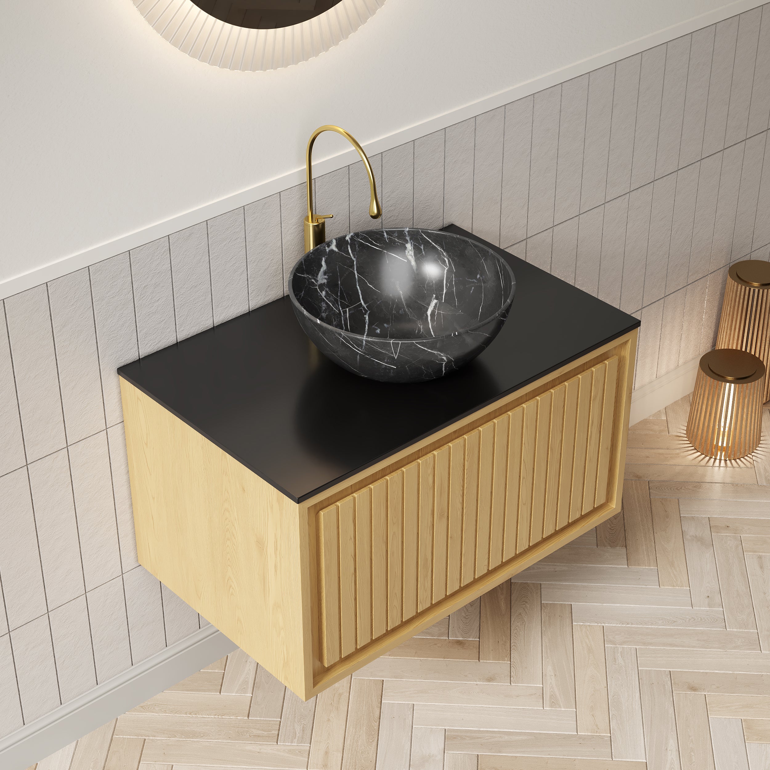 Wall-Hung Bathroom Sink 61cm Black Ceramic Bowl Sintered Stone Top Drawer - Corolla Oak - Image 2