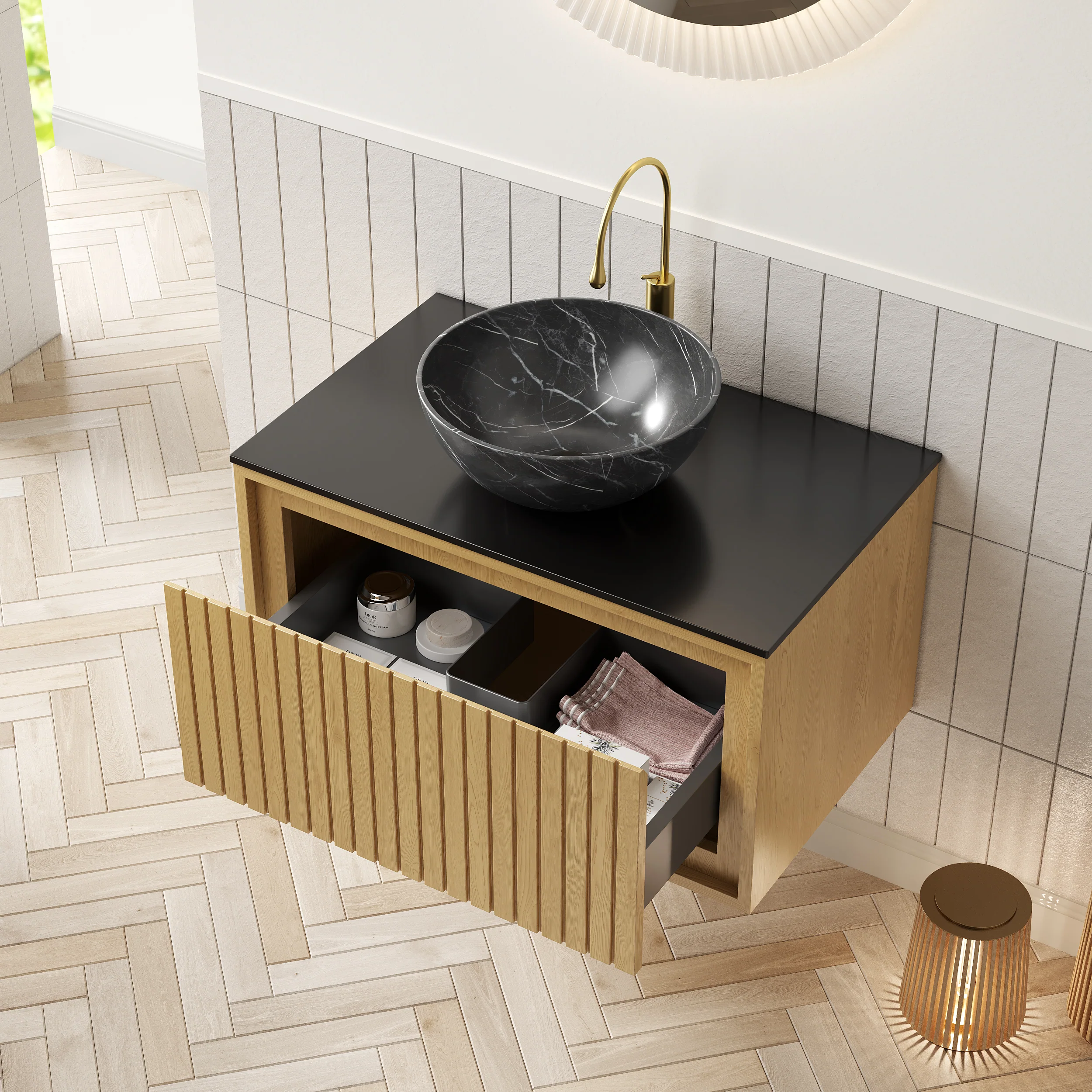 Wall-Hung Bathroom Sink 61cm Black Ceramic Bowl Sintered Stone Top Drawer - Corolla Oak - Image 3