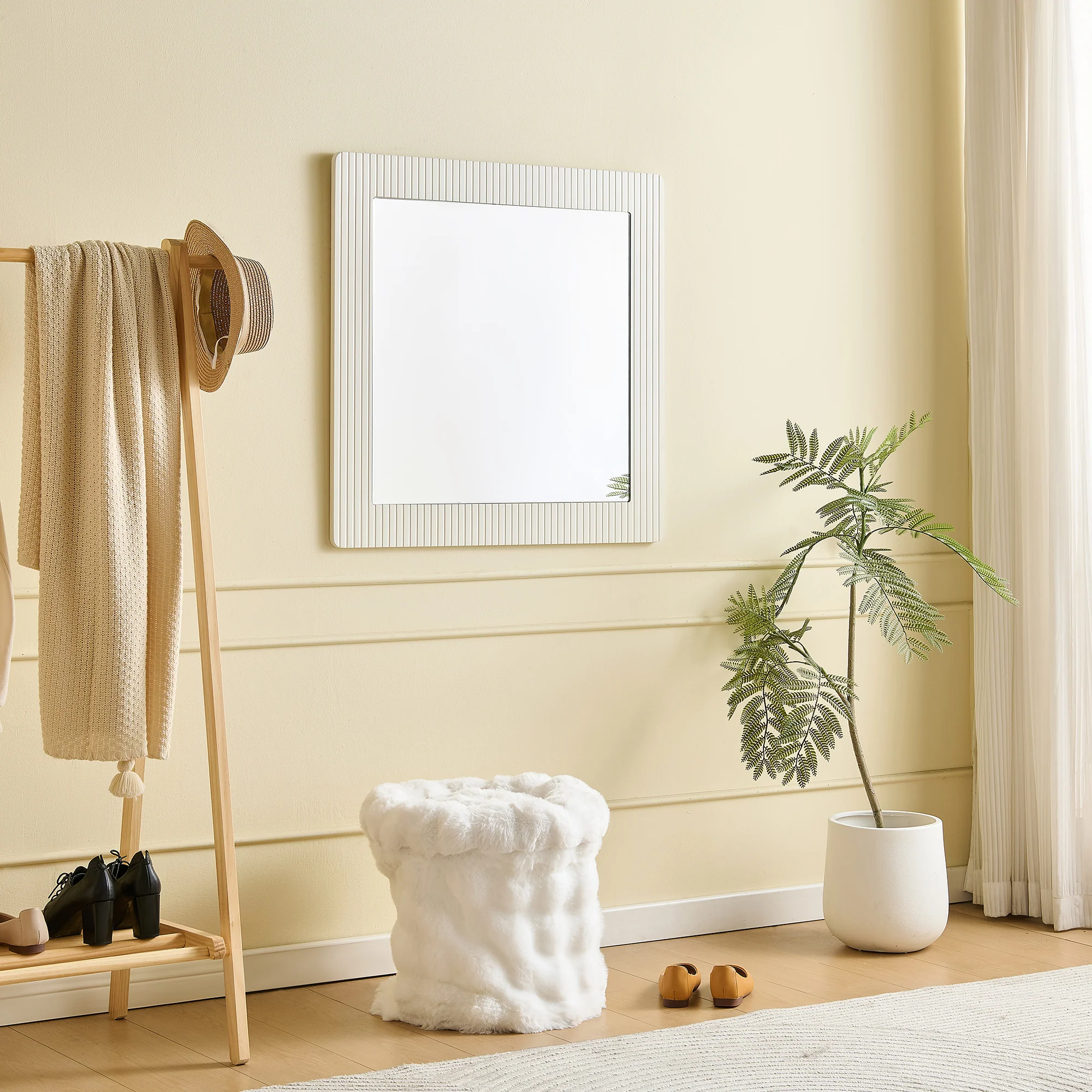 Wall Mirror Square 80x80cm Wood-Look Frame - White