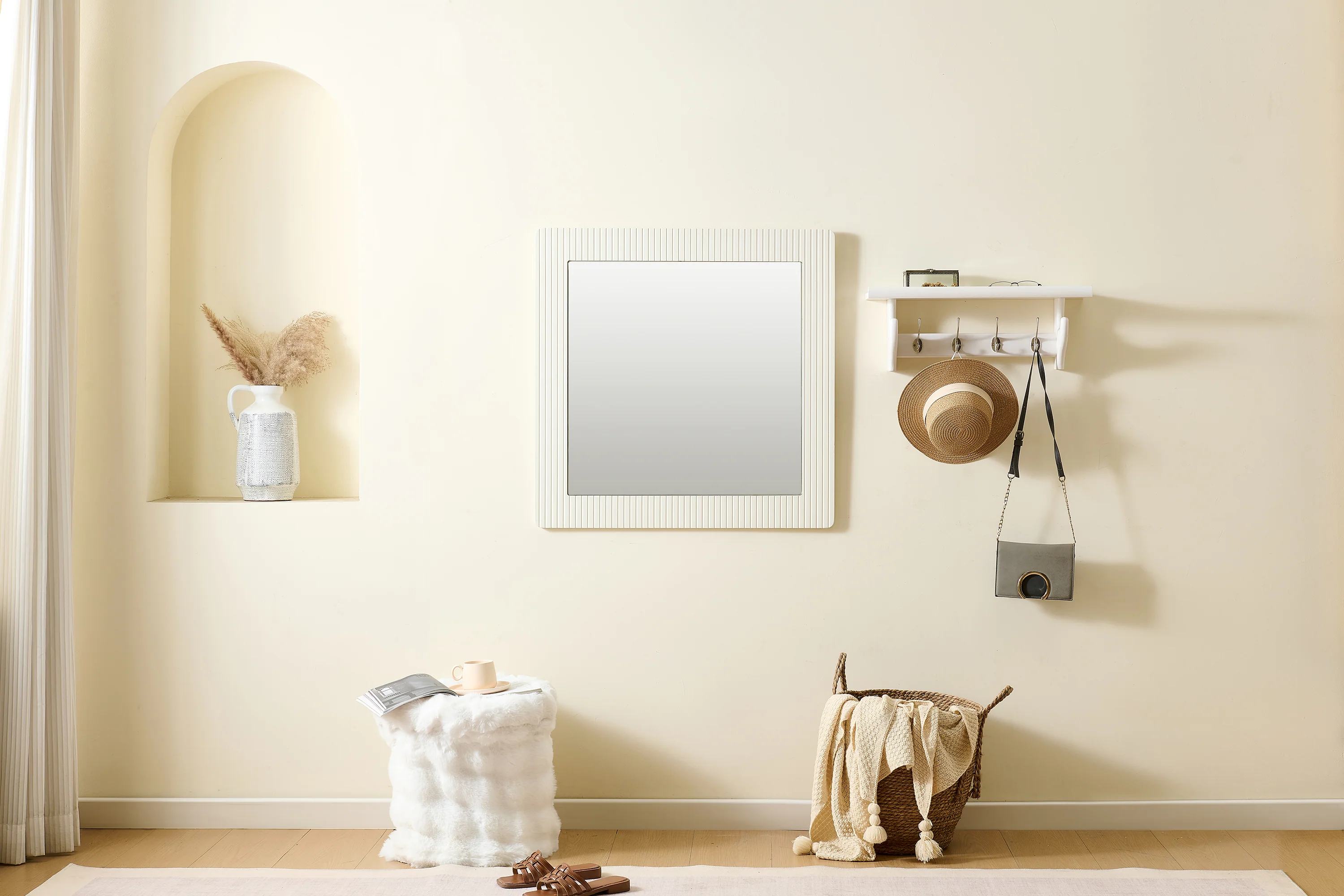 Wall Mirror Square 80x80cm Wood-Look Frame - White - Image 2