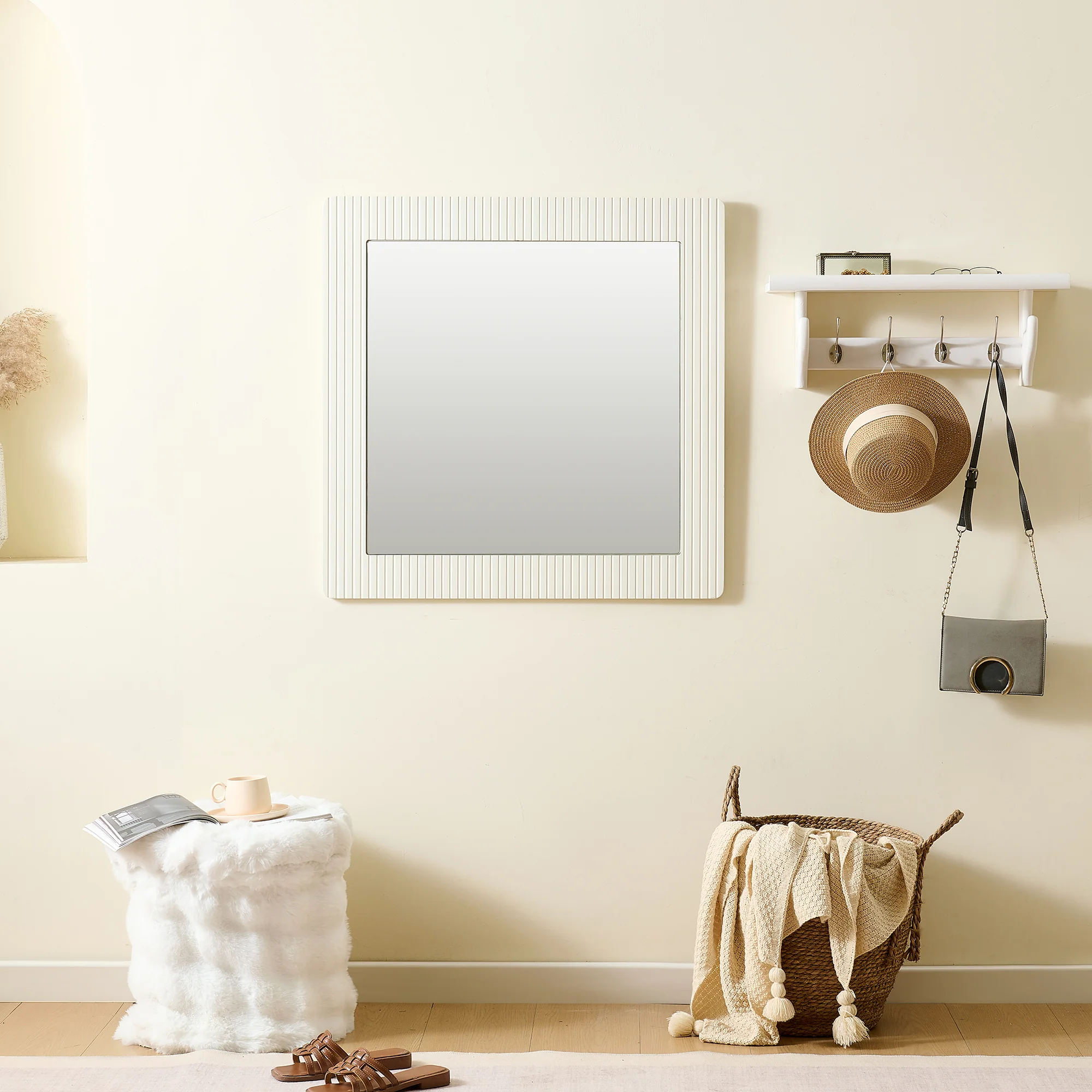 Wall Mirror Square 80x80cm Wood-Look Frame - White - Image 3