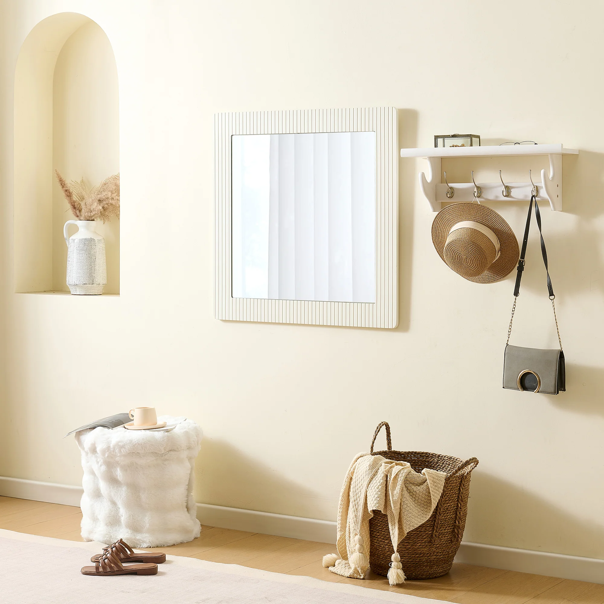 Wall Mirror Square 80x80cm Wood-Look Frame - White - Image 5